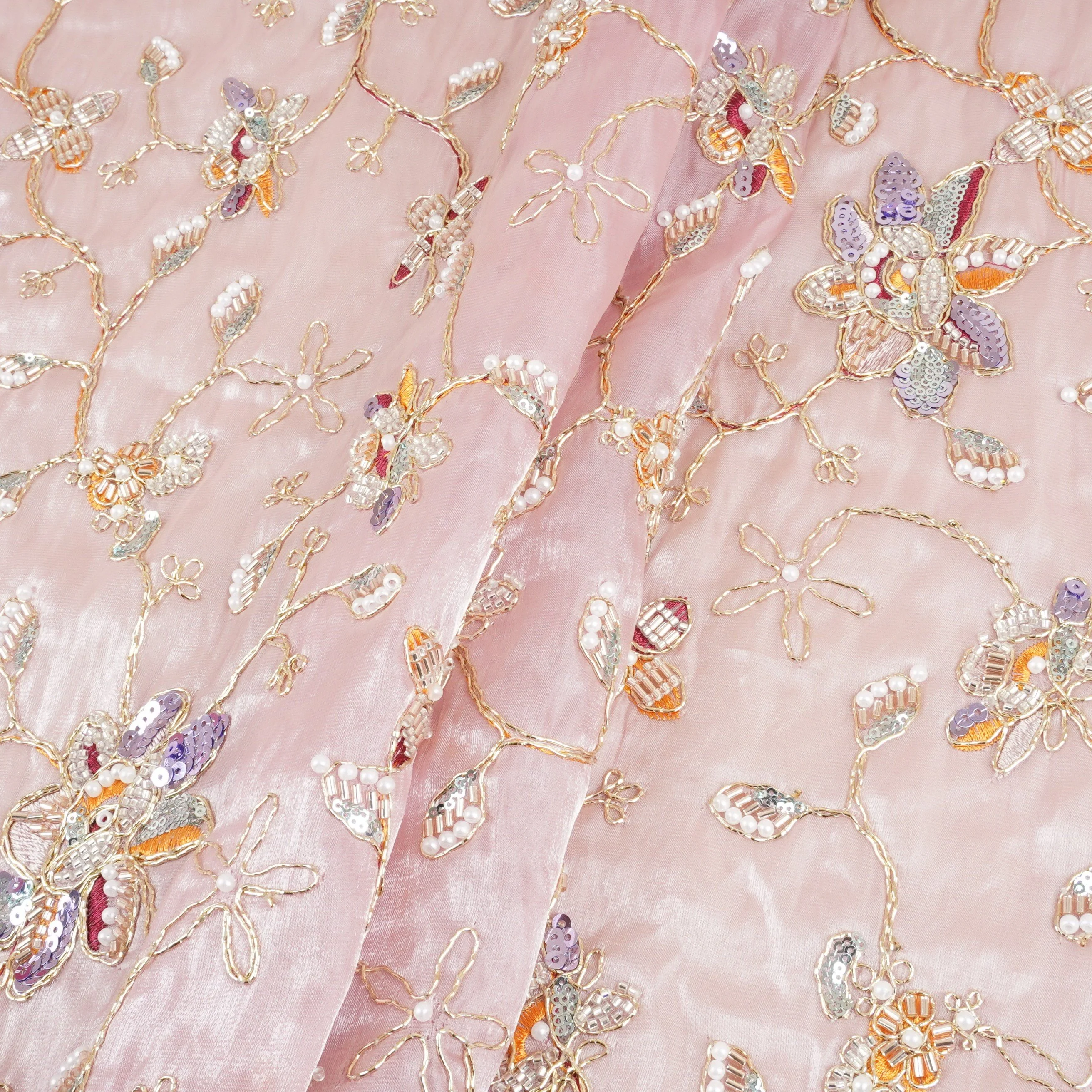 Pink Floral Zari Embroidery Tissue Organza Fabric AF-28990 - Image 4