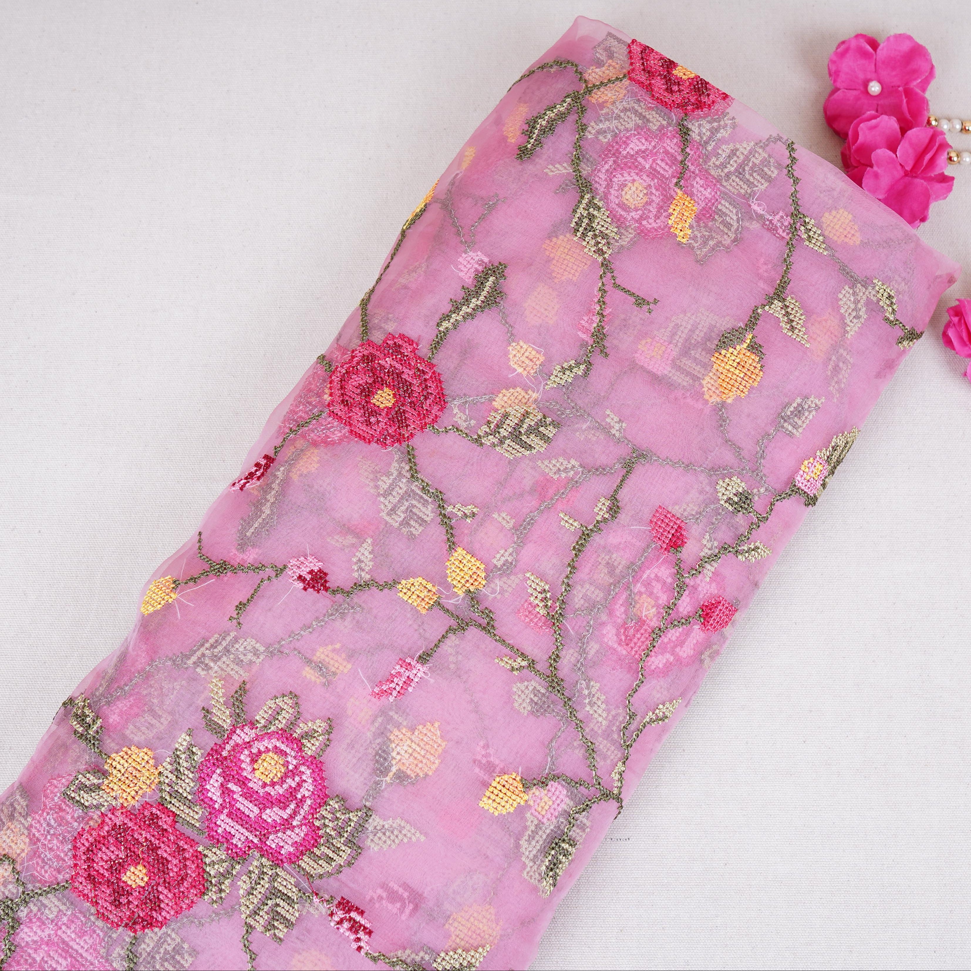 Pink French Knot Embroidery Organza Fabric GTS-30501