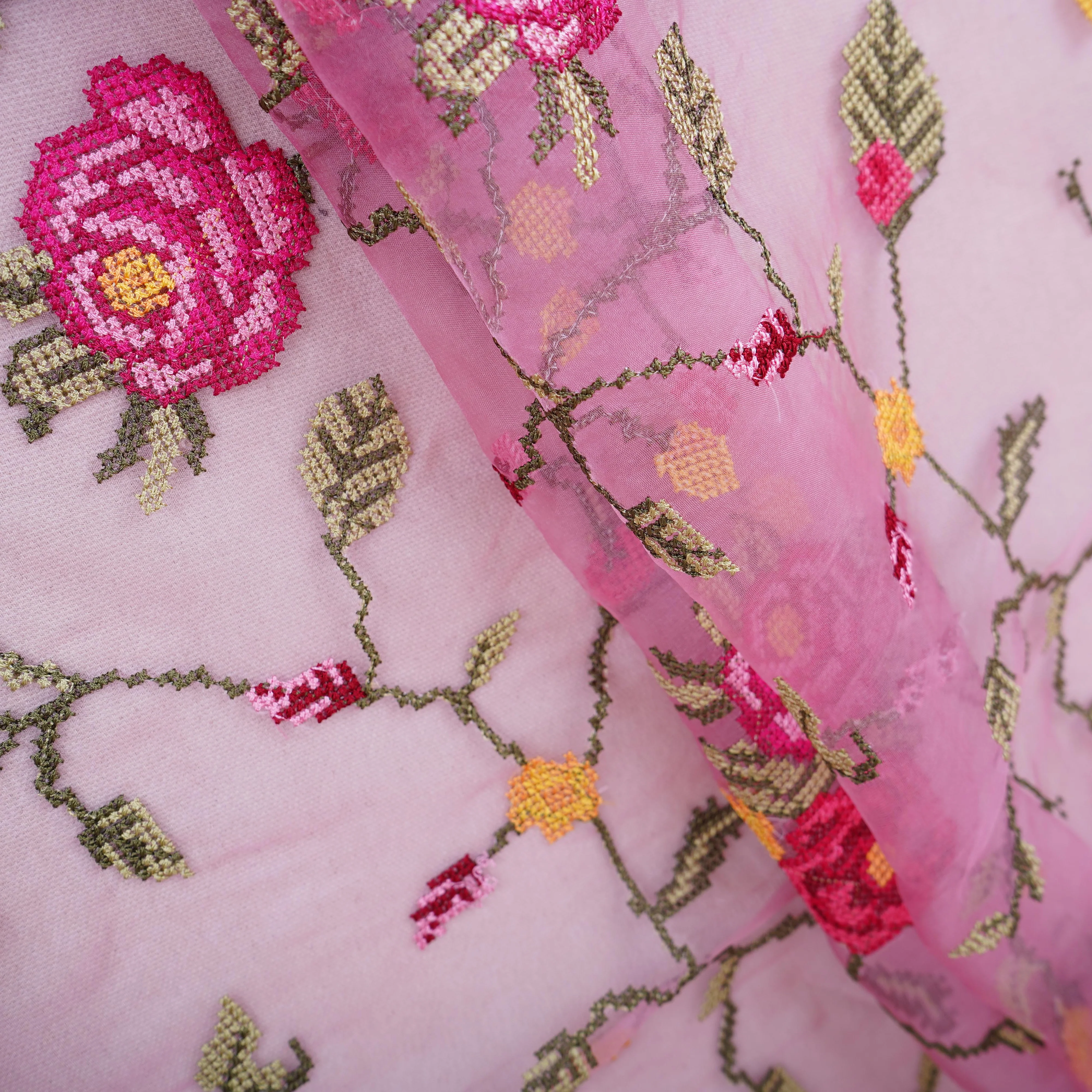 Pink French Knot Embroidery Organza Fabric GTS-30501 - Image 4