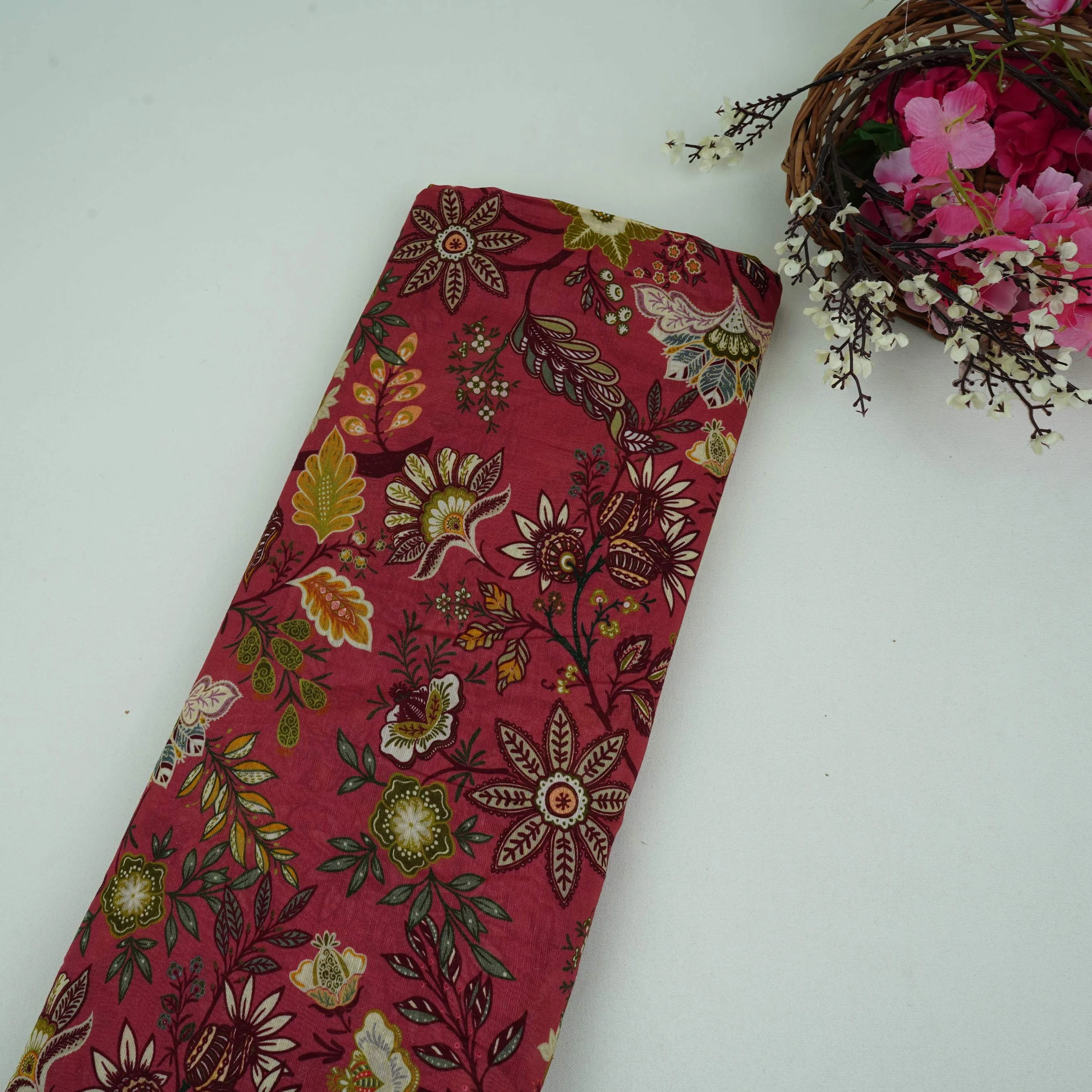 Pink Multicolor Floral Print Linen Fabric GTS-32028