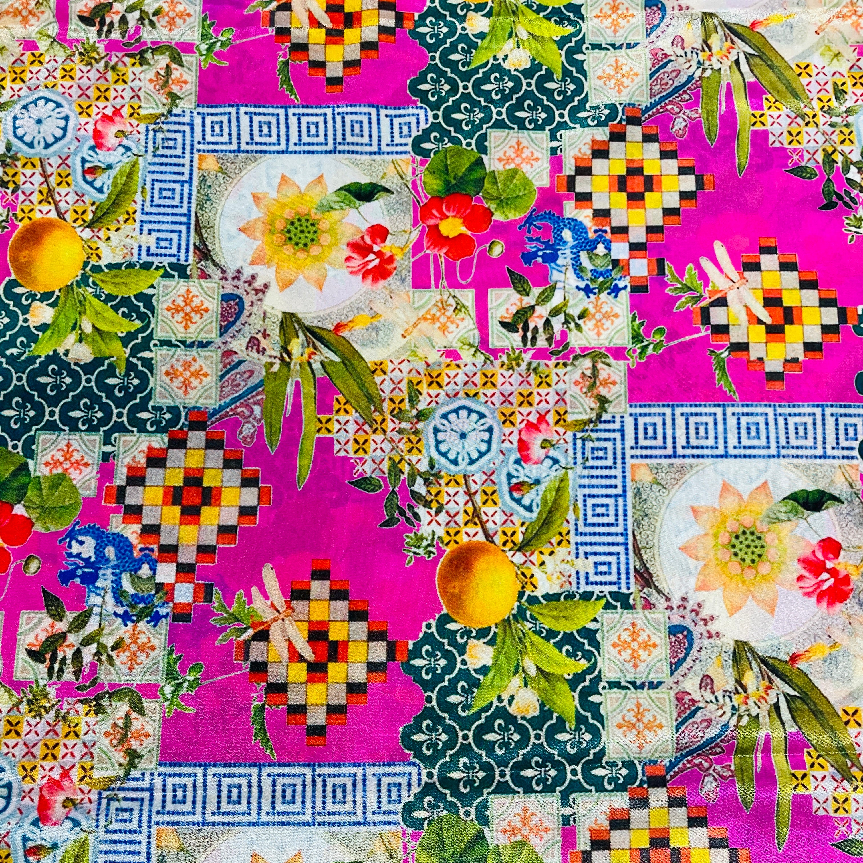 Pink & Multicolor Traditional Crepe fabric - Image 3