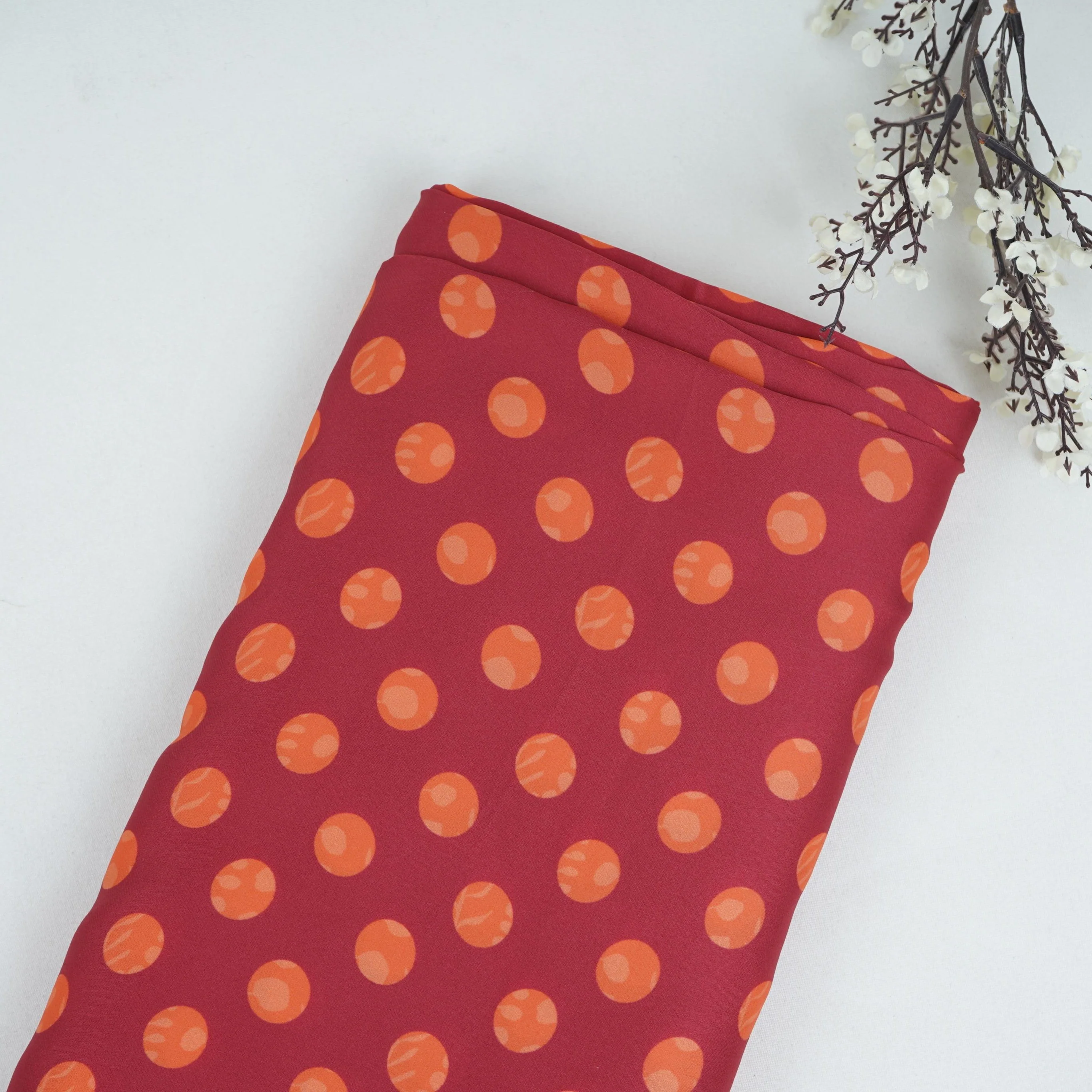 Pink & Orange Polka Dot Twill Satin Fabric VP-32437