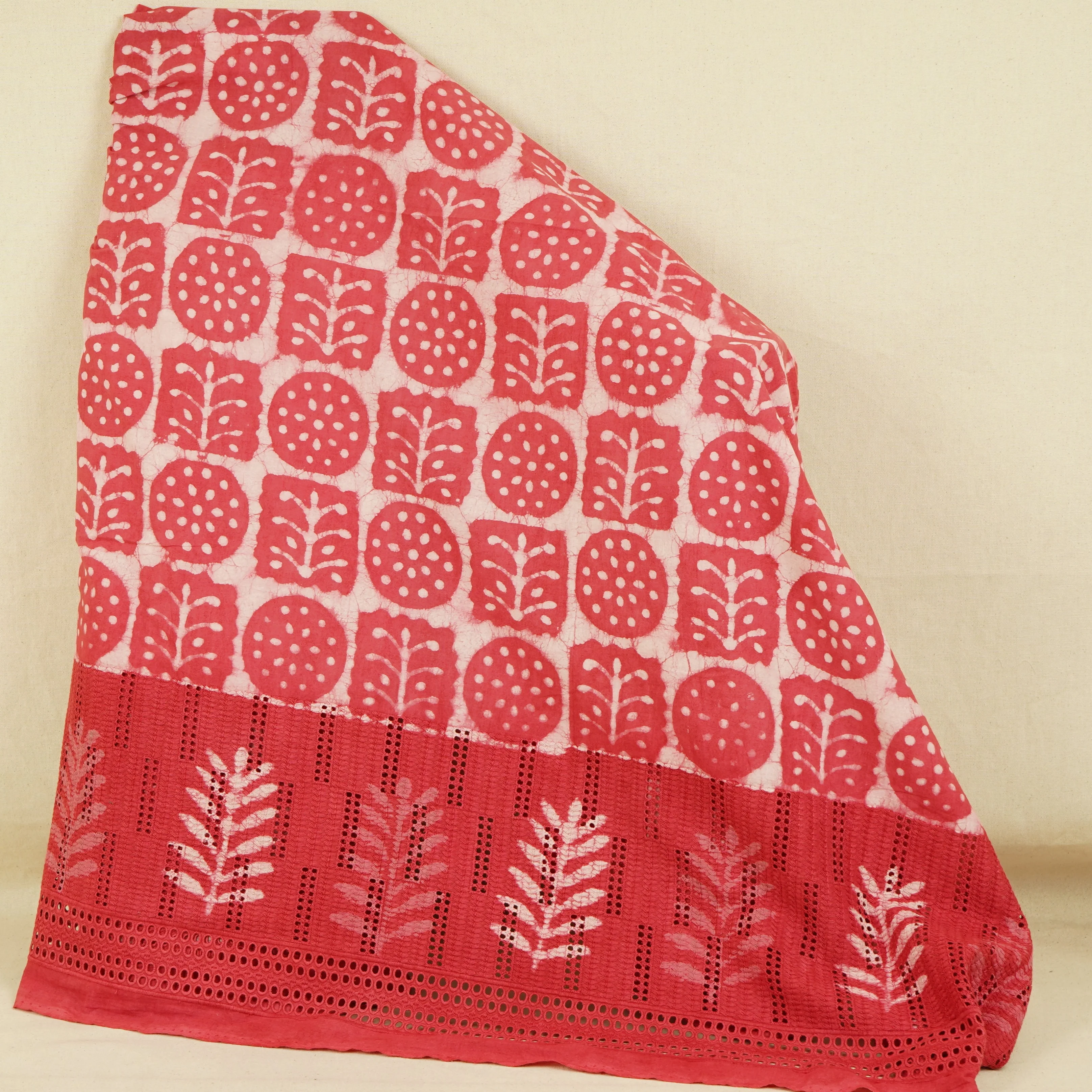 Pink & White Floral Batik Print Cotton Schiffli Fabric CH-29813