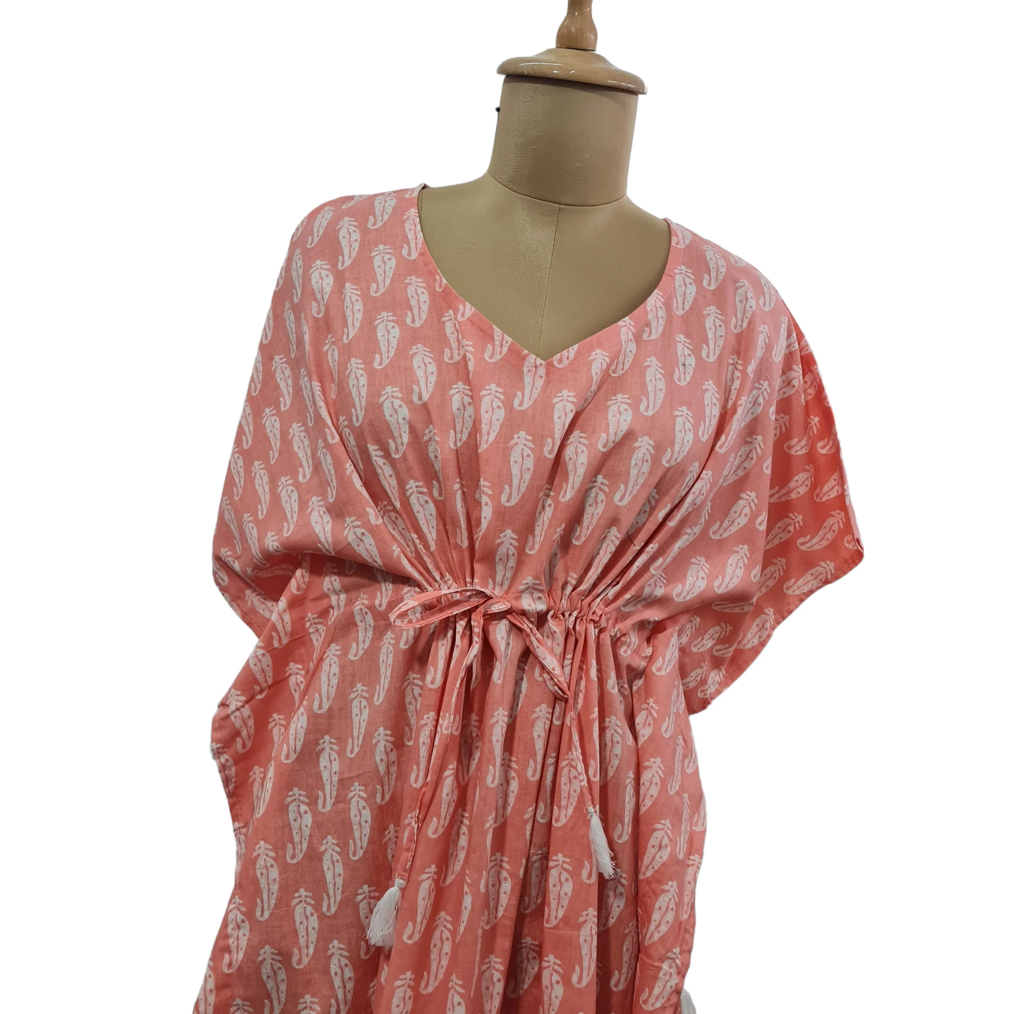 Pink White Floral Print Cotton Kaftan - Image 3