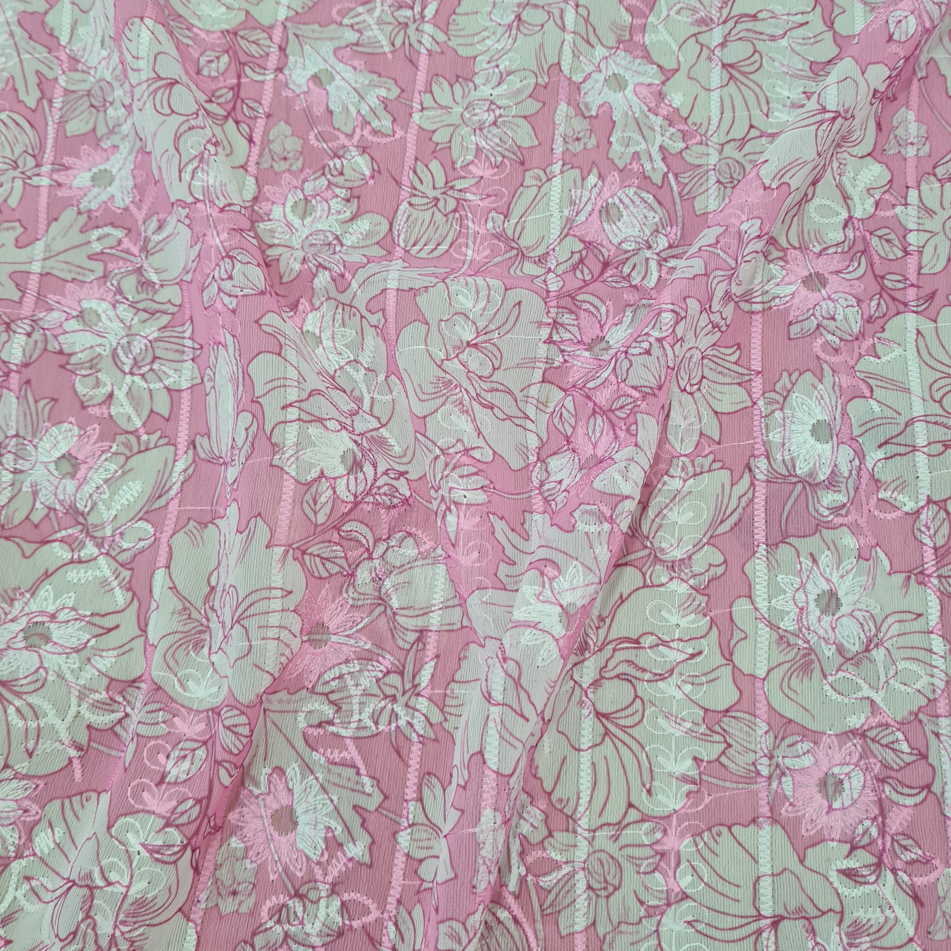 Pink White Thread Embroidery Imported Organza Chiffon Fabric - Image 3