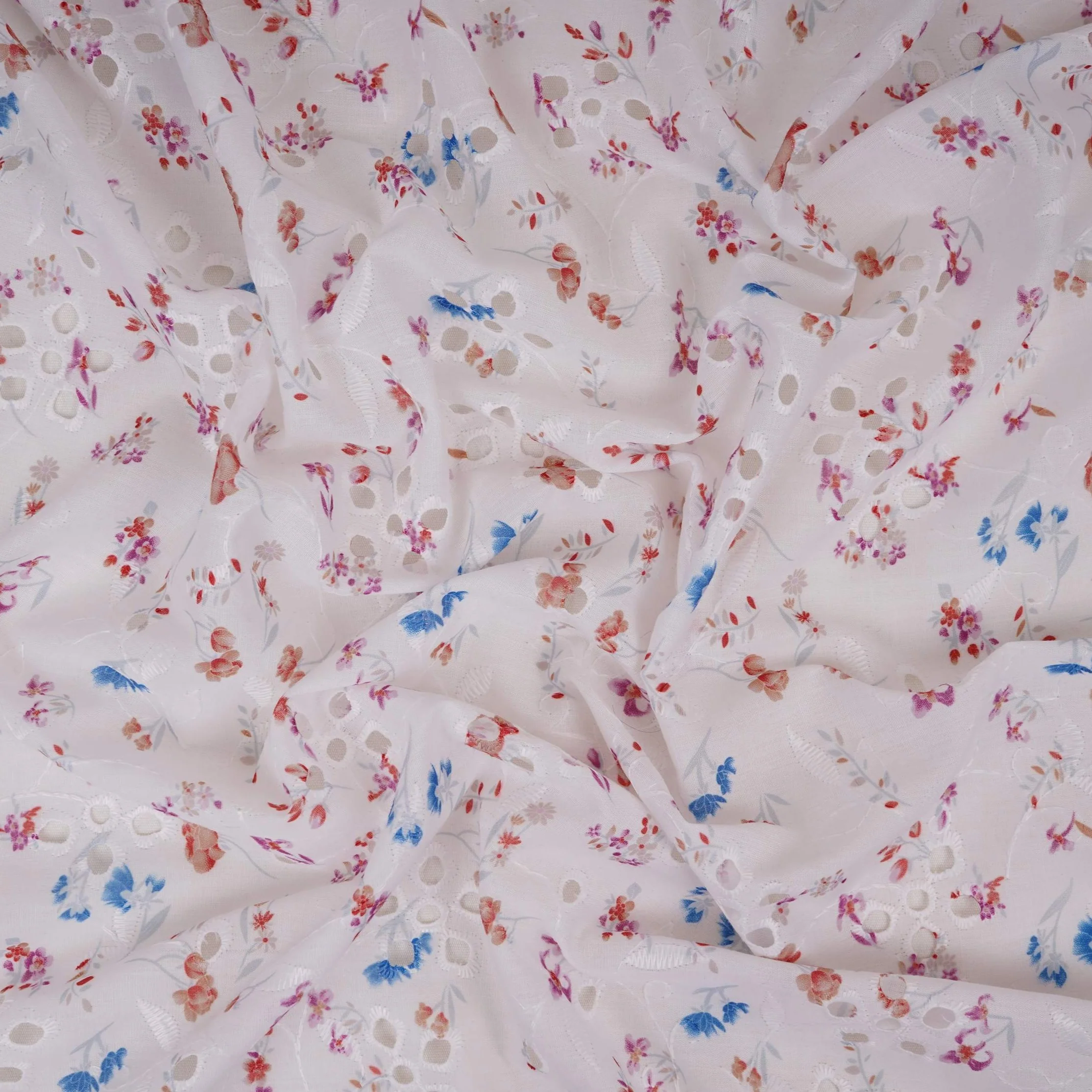 Pink With Blue Floral Print Cotton Schiffli Fabric LI-32155 - Image 3