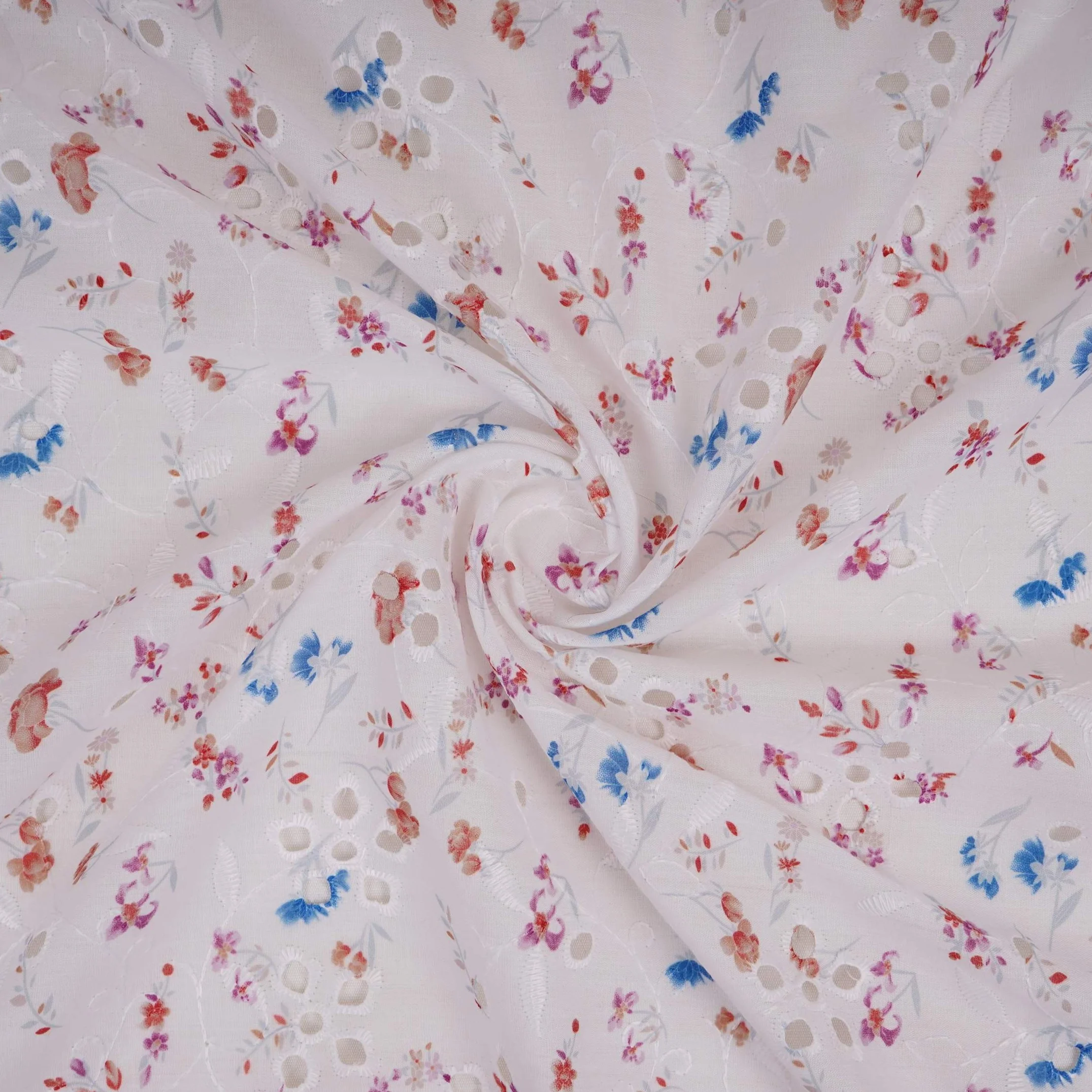 Pink With Blue Floral Print Cotton Schiffli Fabric LI-32155 - Image 4