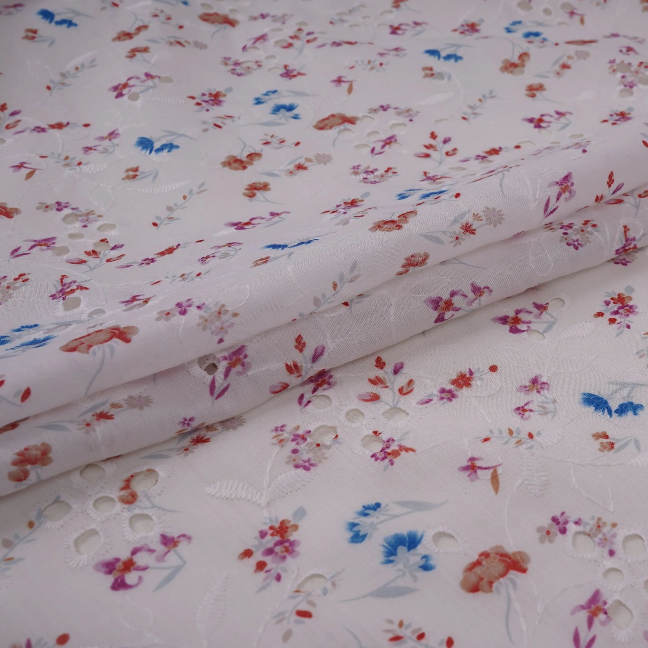 Pink With Blue Floral Print Cotton Schiffli Fabric LI-32155 - Image 5