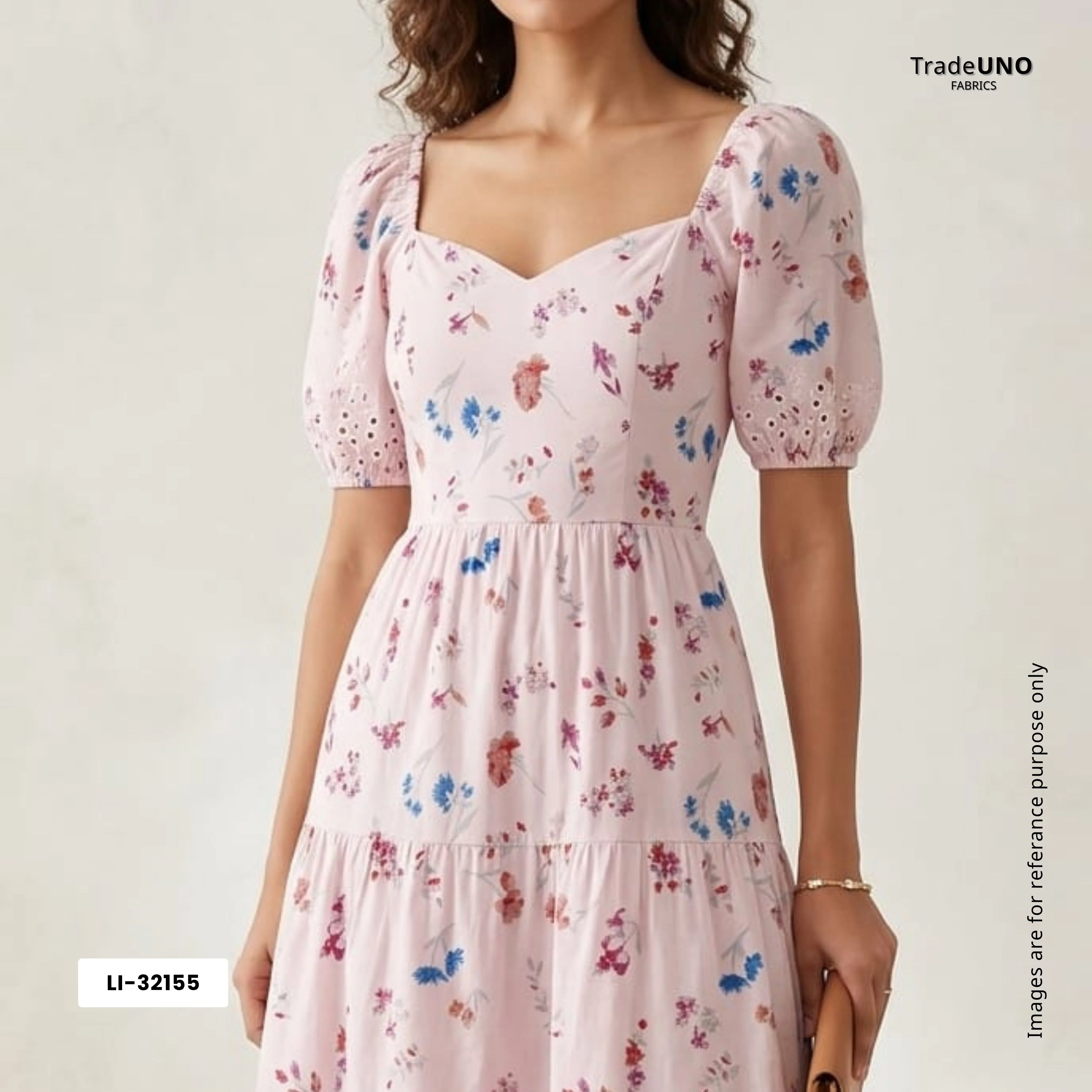 Pink With Blue Floral Print Cotton Schiffli Fabric LI-32155 - Image 7