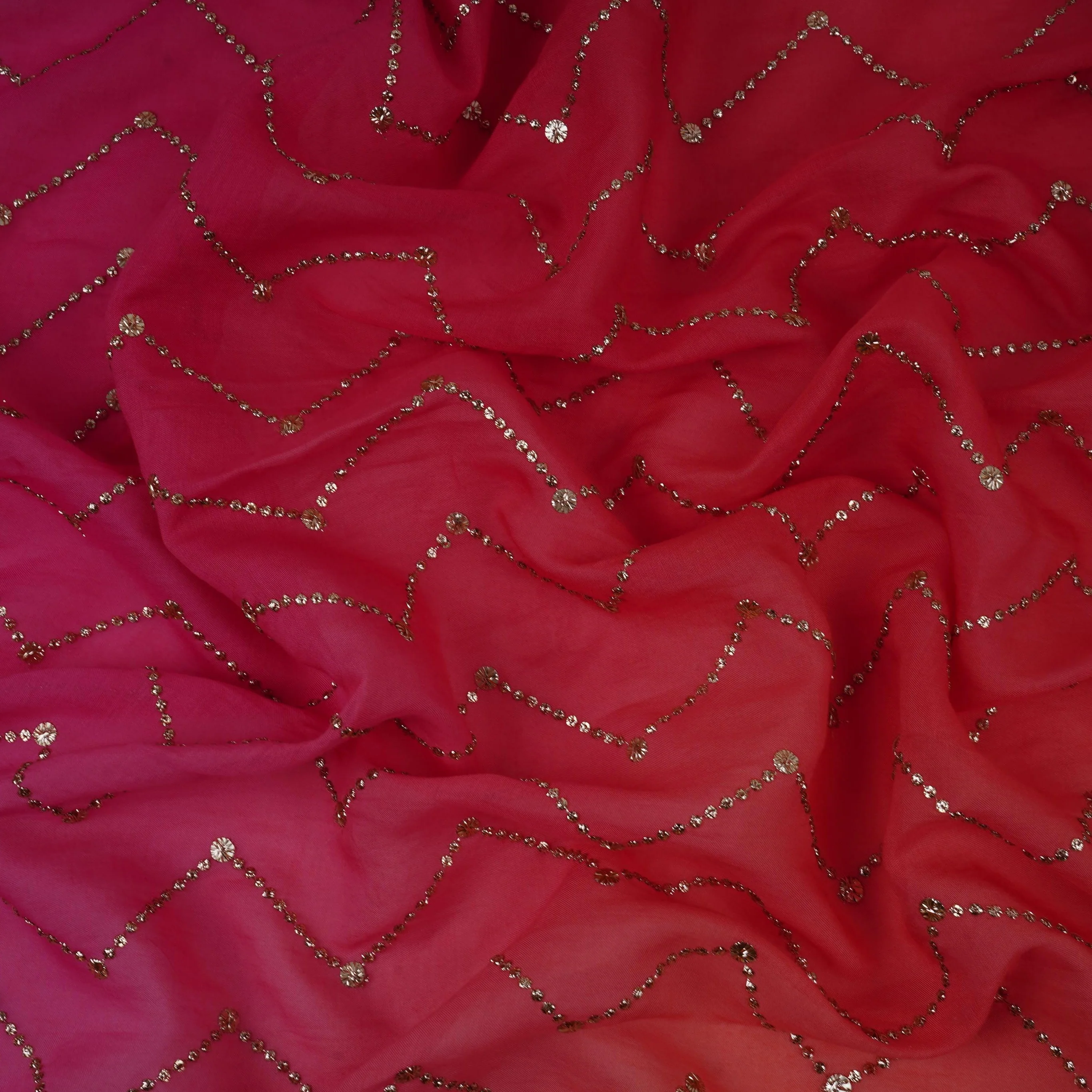 Pink with Peach 4D Chevron embroidery Mul Chanderi Fabric VF-32050 - Image 3