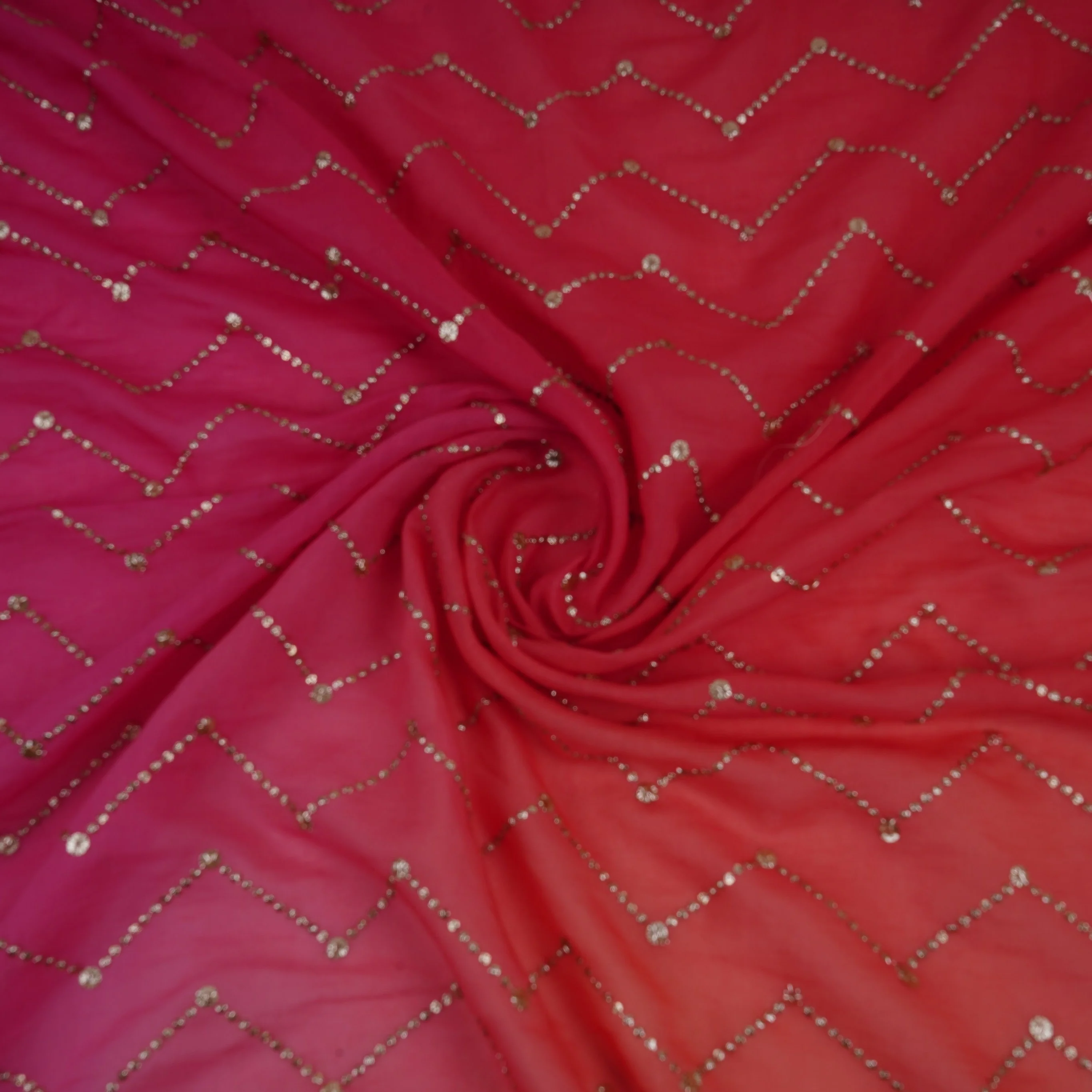 Pink with Peach 4D Chevron embroidery Mul Chanderi Fabric VF-32050 - Image 4