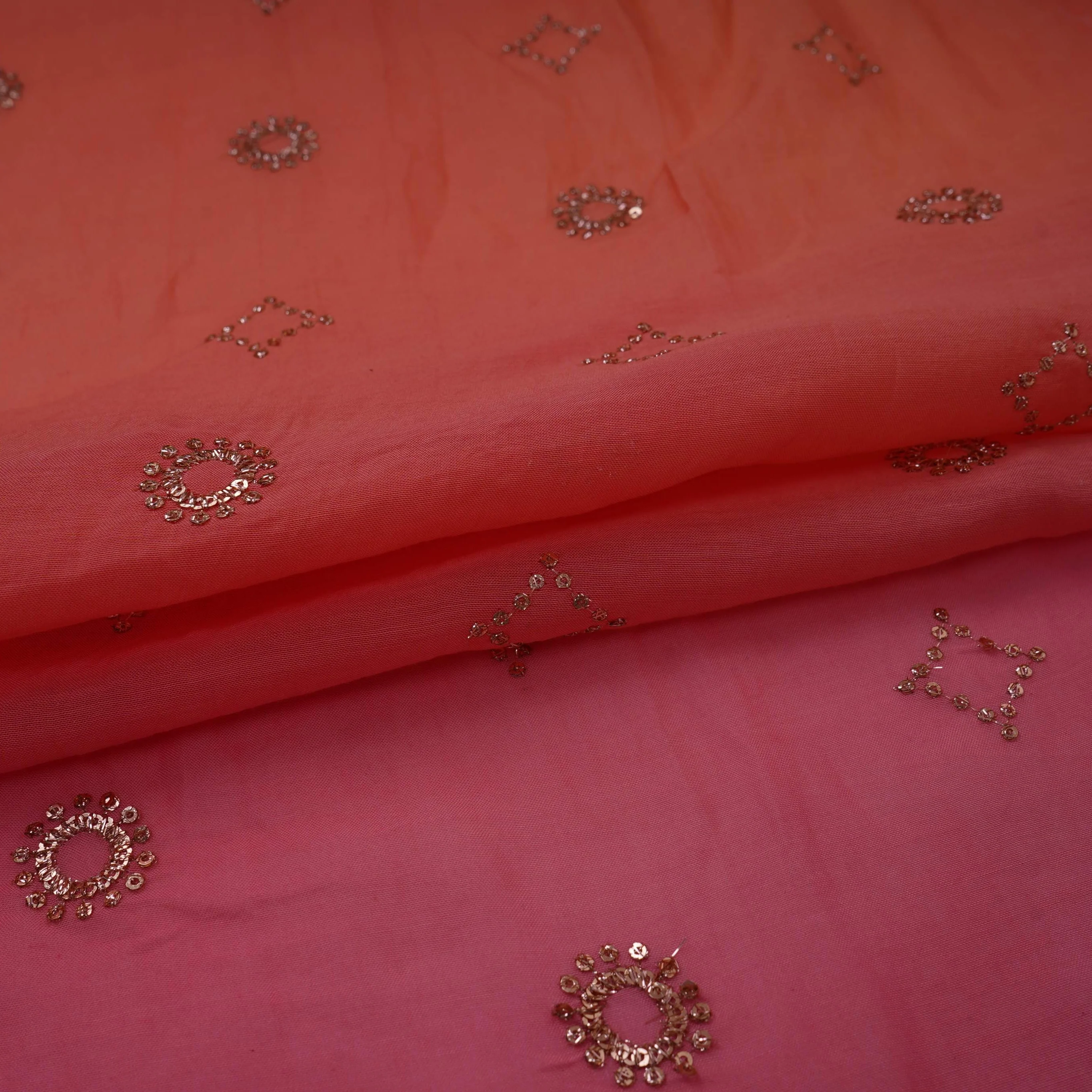 Pink With Peach 4D Geometrical Sequins Embroidery Malai Chanderi Fabric VF-32318 - Image 5