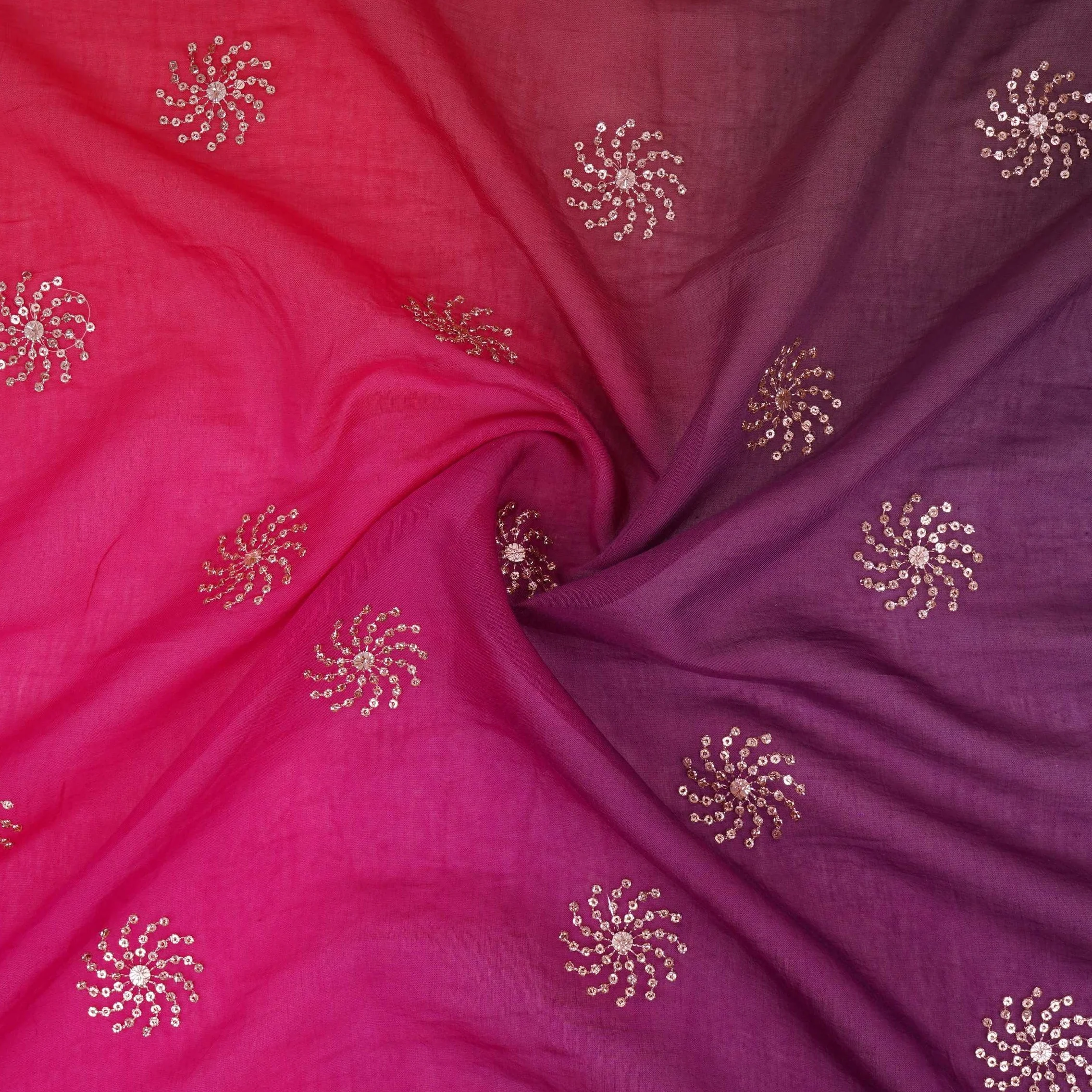 Pink With Purple 4D Sequins Embroidery Malai Chanderi Fabric VF-32317 - Image 4
