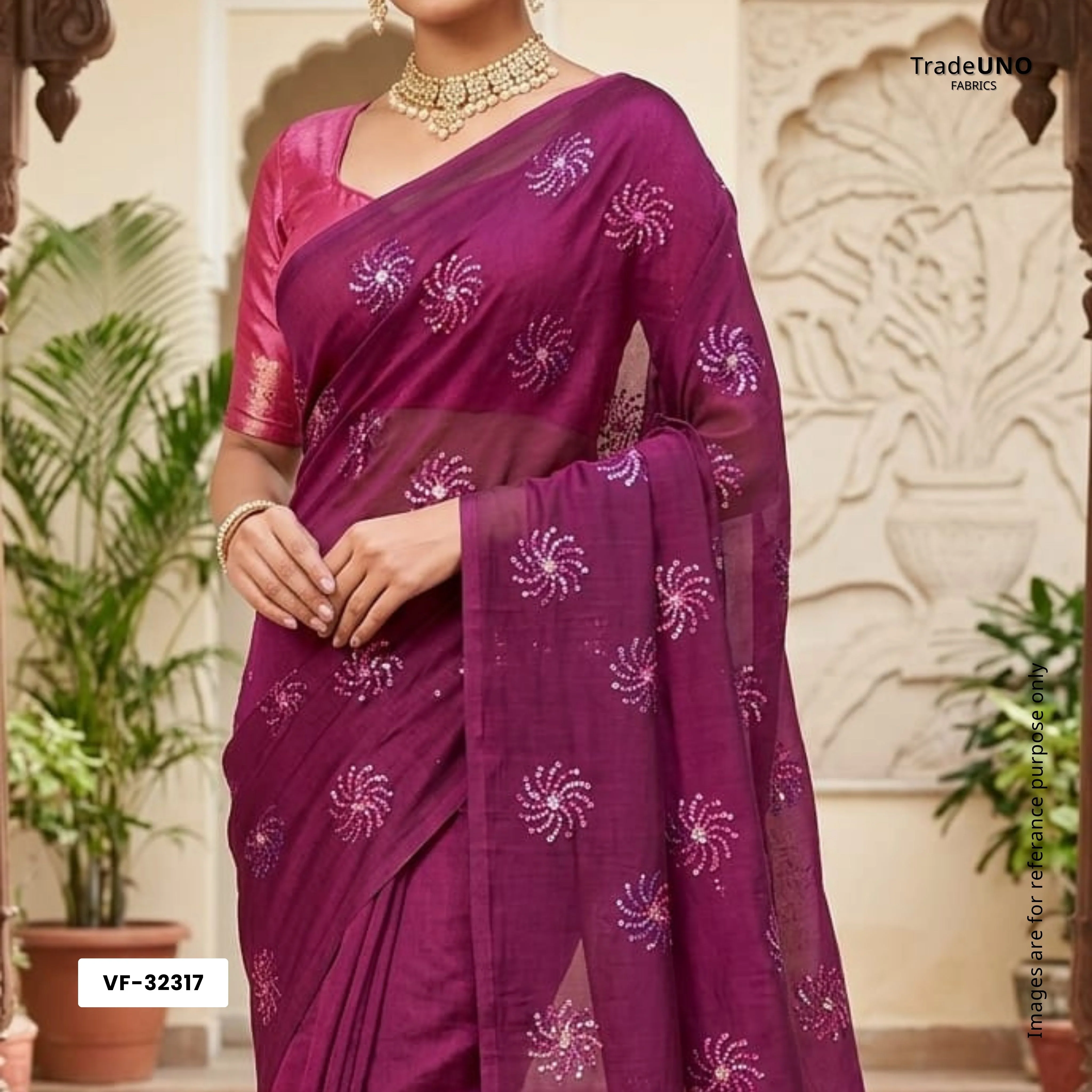 Pink With Purple 4D Sequins Embroidery Malai Chanderi Fabric VF-32317 - Image 6