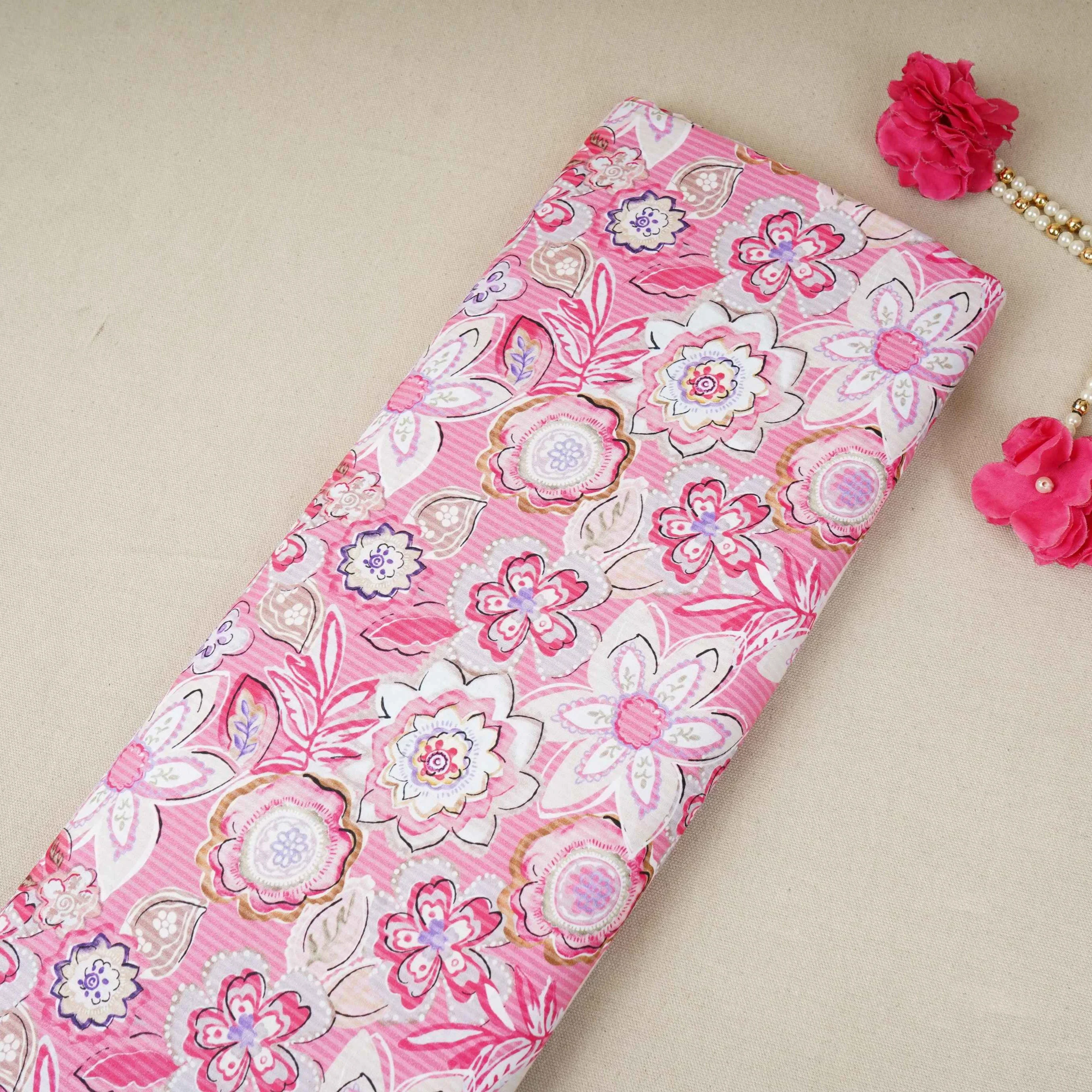 Pink with White Floral Print Cotton Mulmul Fabric PG-30463
