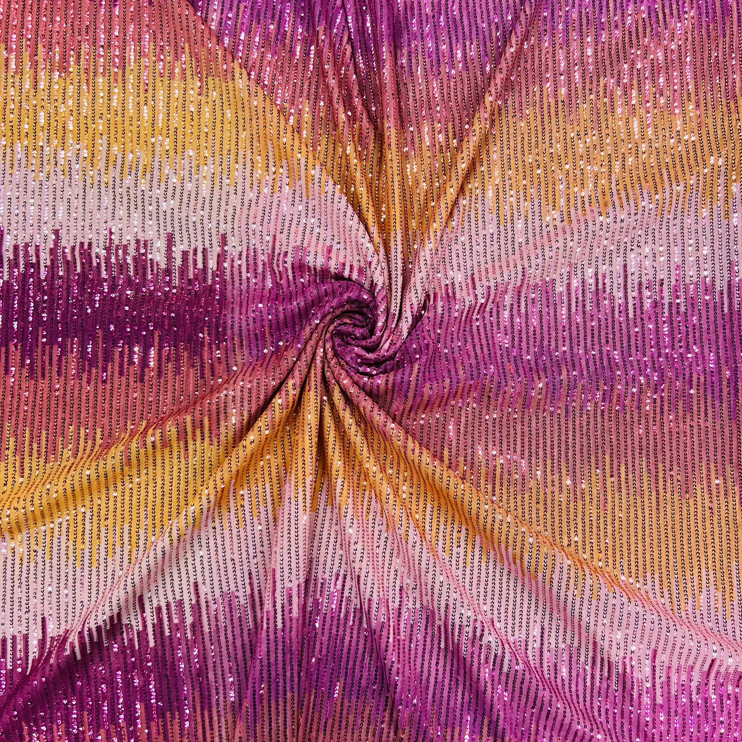 Pink Yellow Net Embroidery Sequins Fabric - Image 2