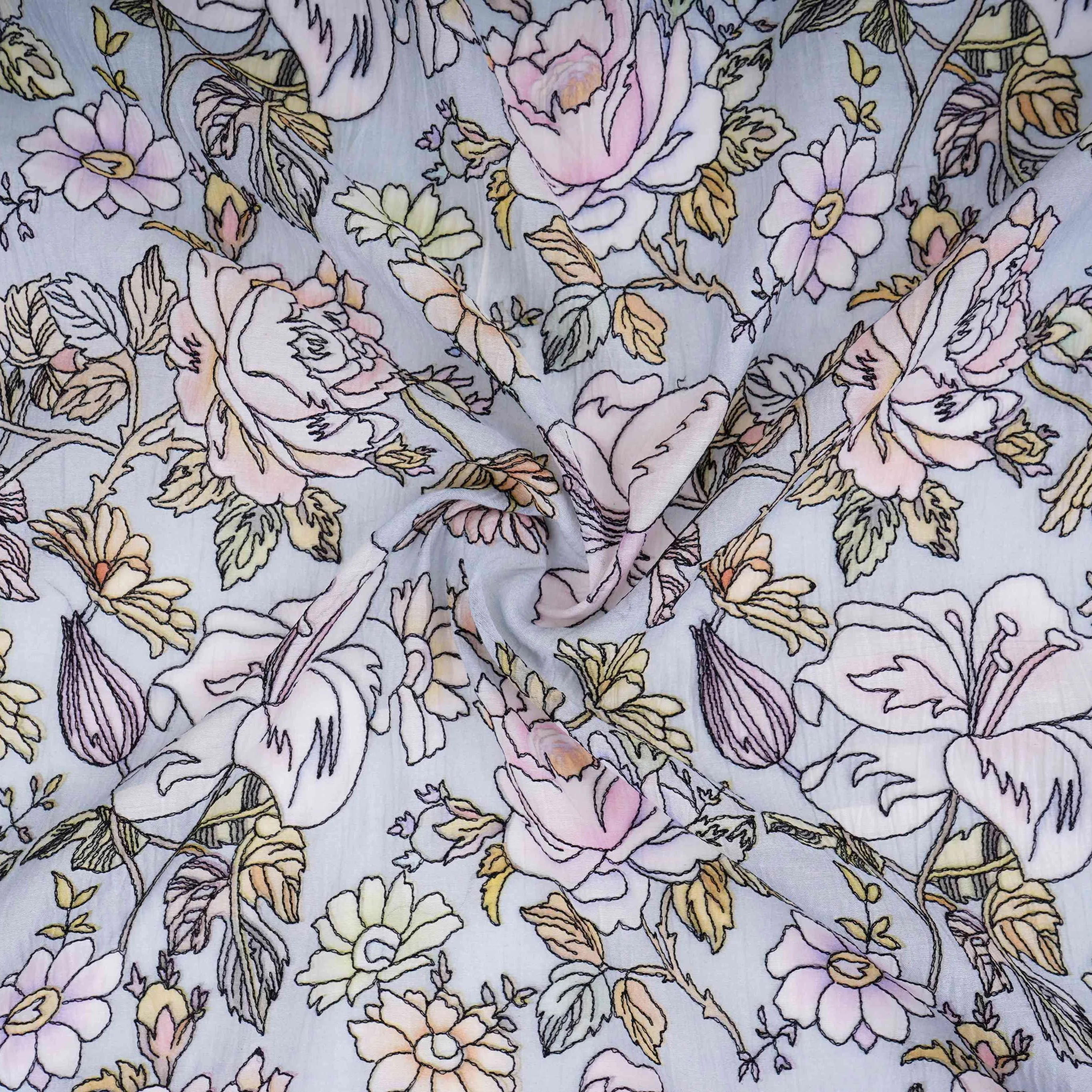 Power Blue floral thread embroidery Pure Cotton Chanderi Fabric VI-31006 - Image 3