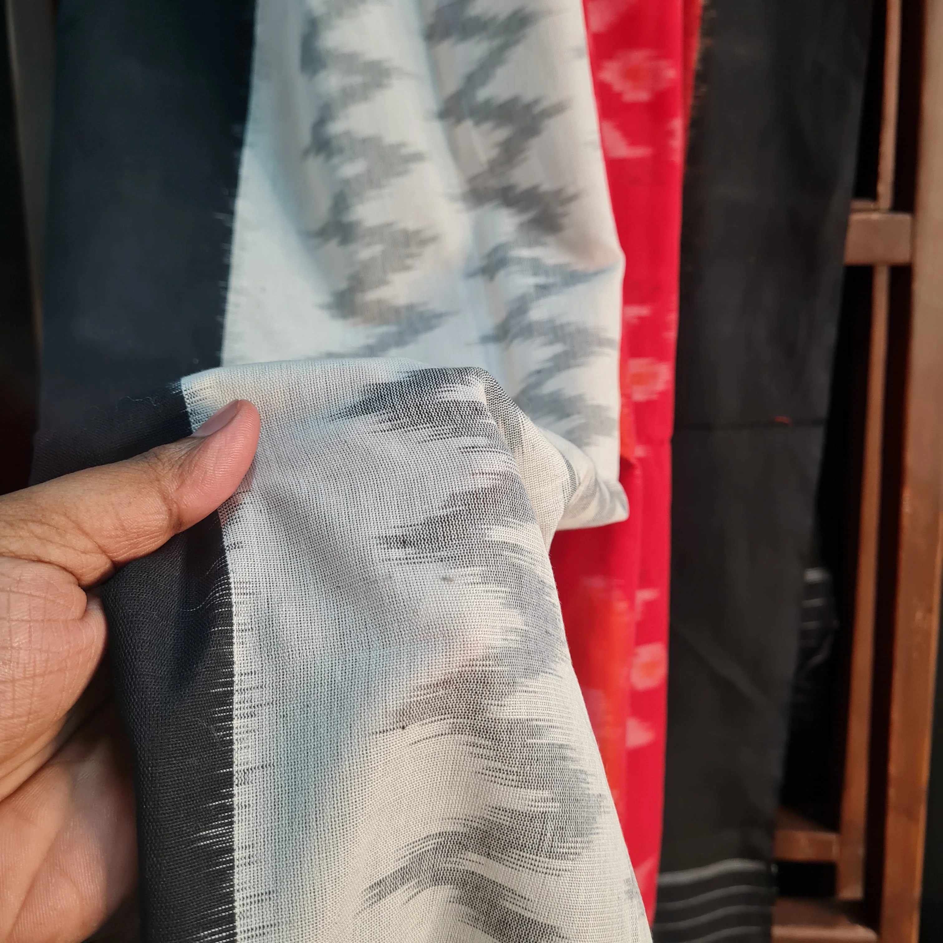 Premium Black and Red IKKAT Prints Dupatta Cotton Fabric - Image 2