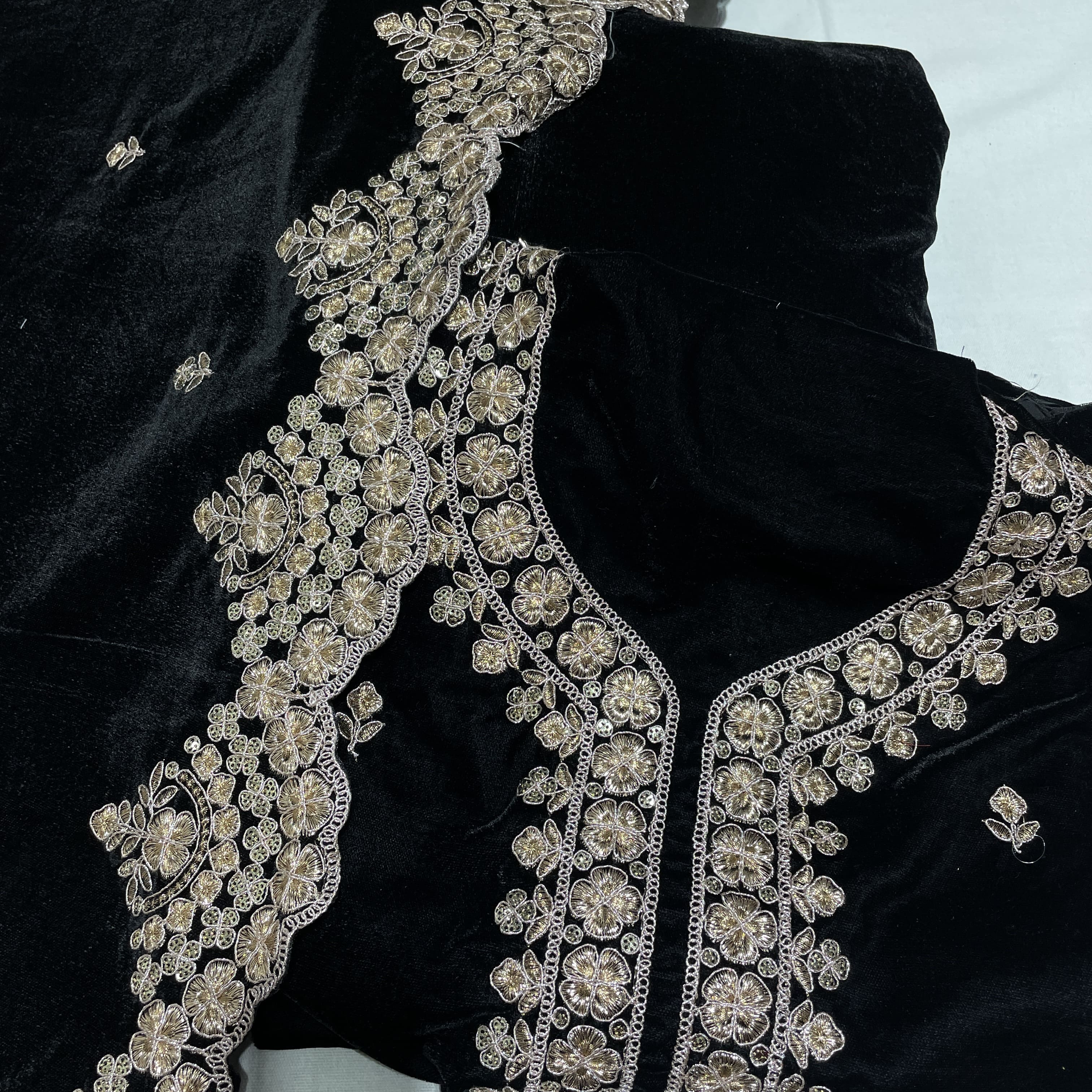 Premium Black Zari Sequins Embroidery Velvet Suit Set With Dupatta - Image 2
