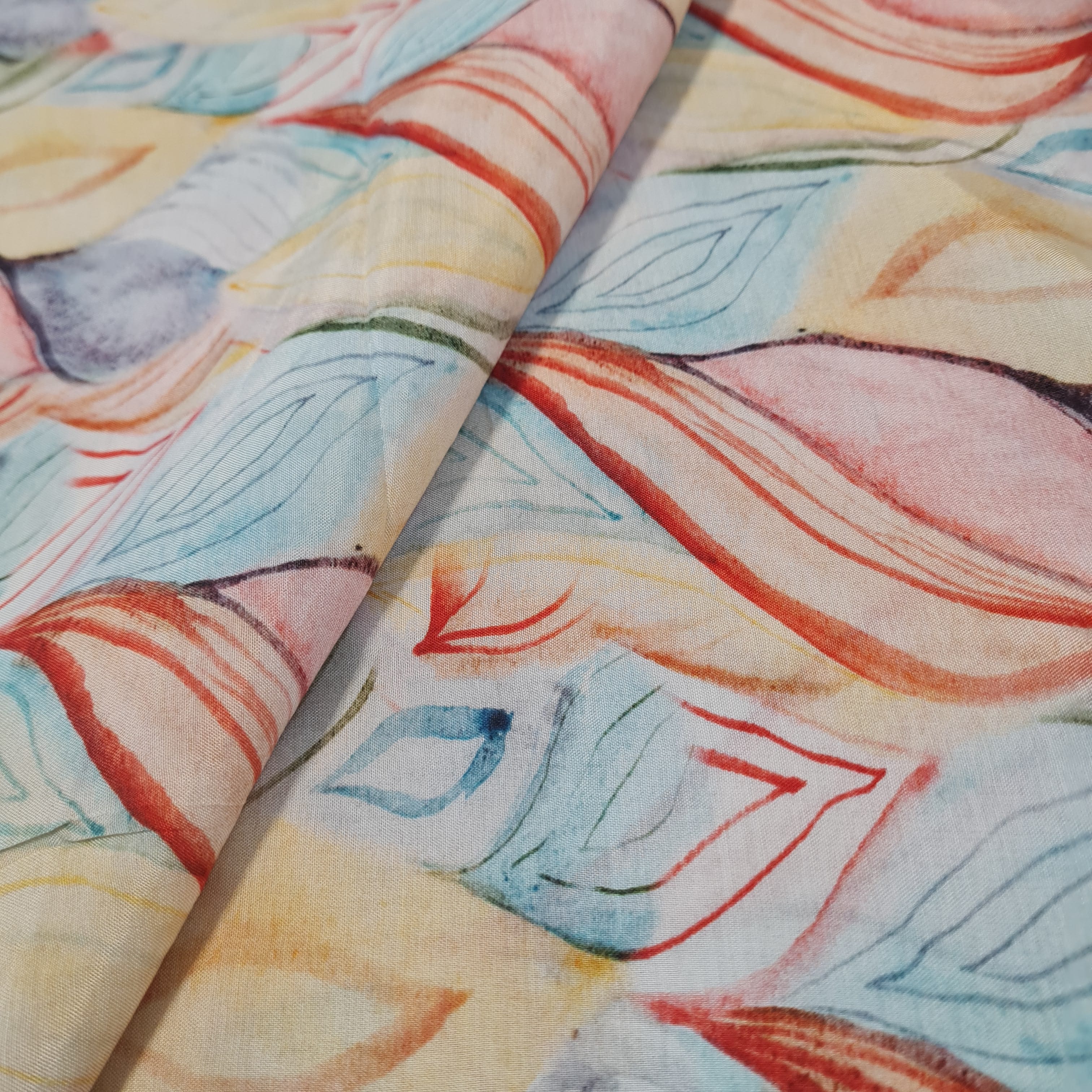Premium Blue and Yellow Tropical Print Muslin Fabric - Image 3