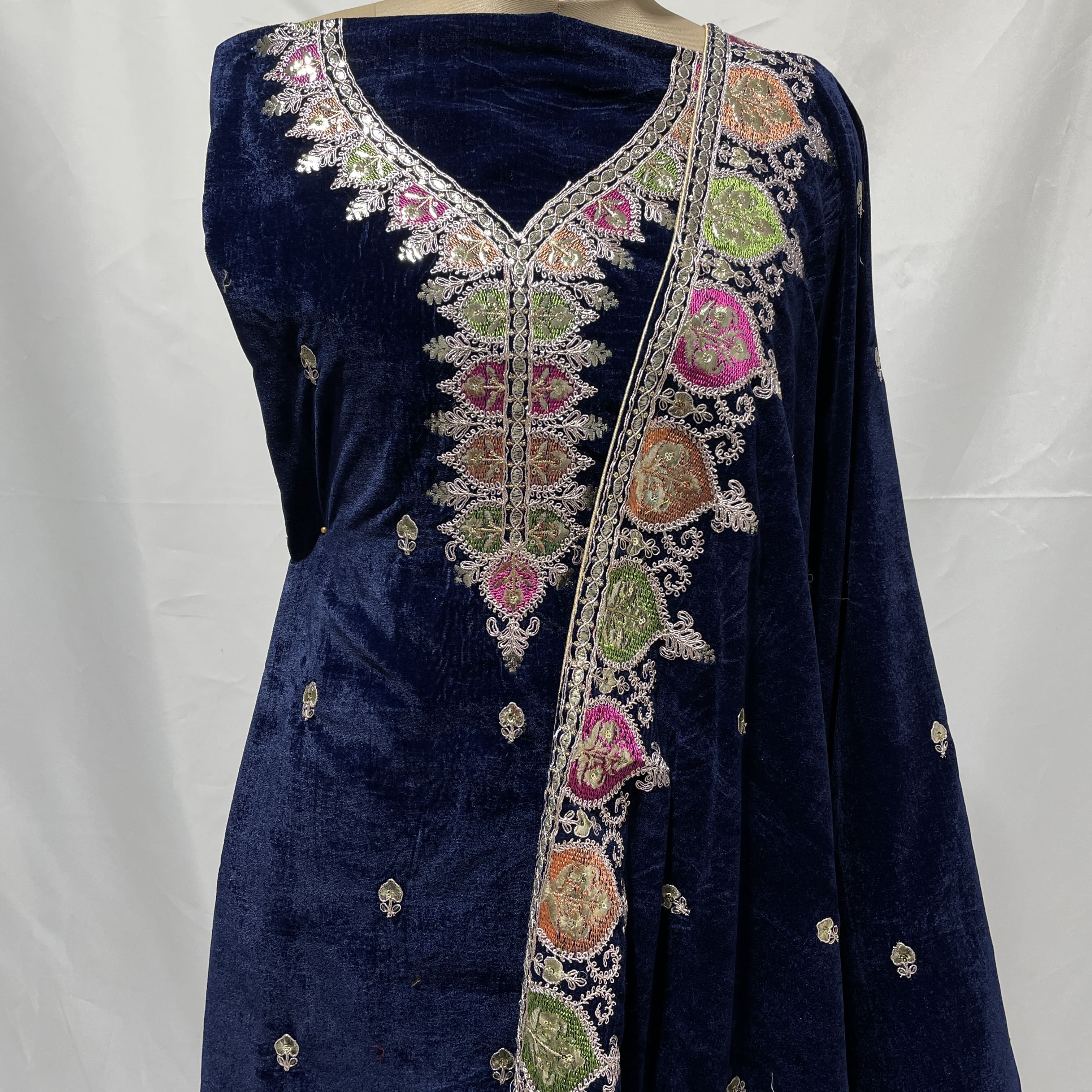 Premium Blue Multicolor Thread Sequins Embroidery Velvet Suit Set With Dupatta - Image 3
