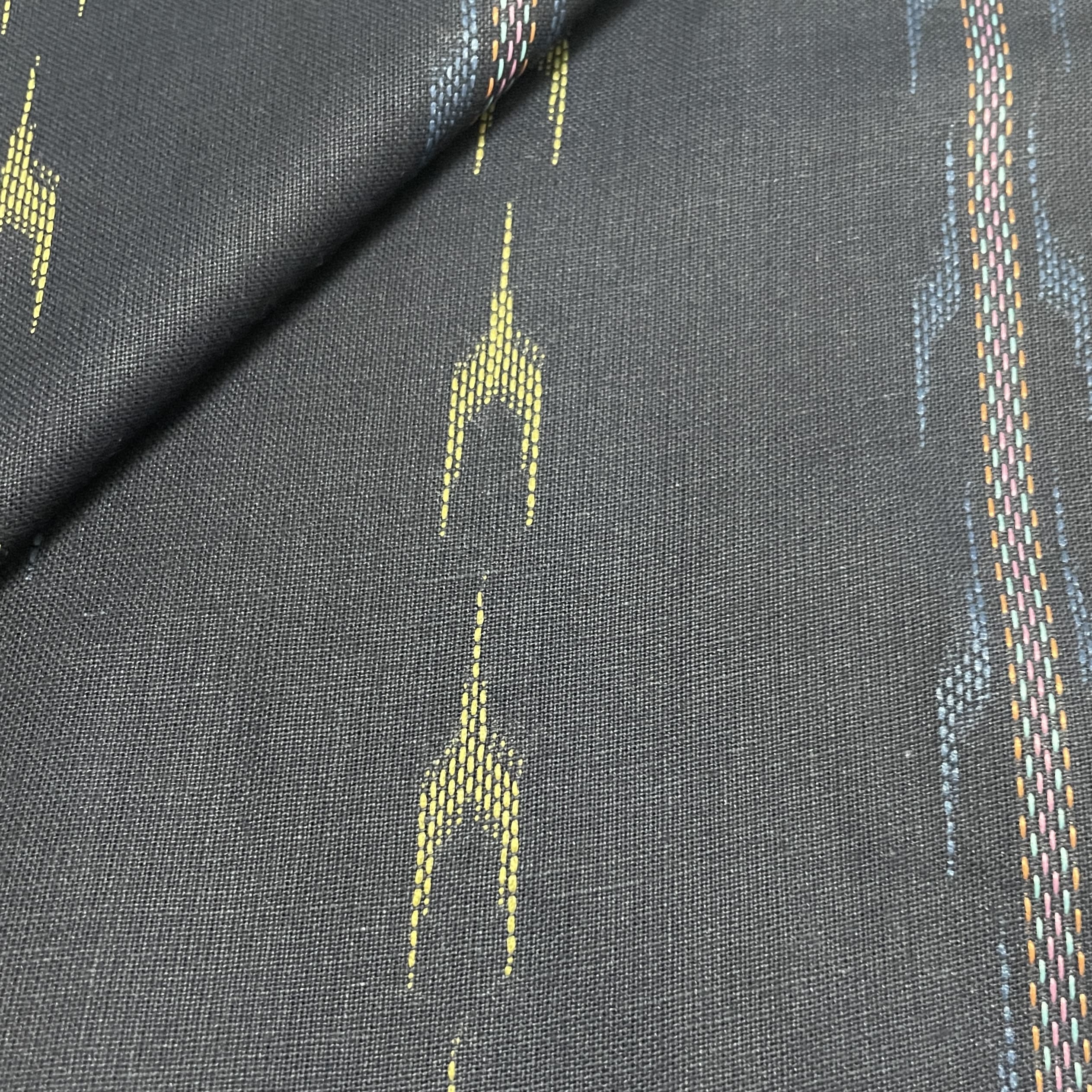 Premium Blue Yellow Ikkat Dobby Embroidery Cotton Fabric - Image 3