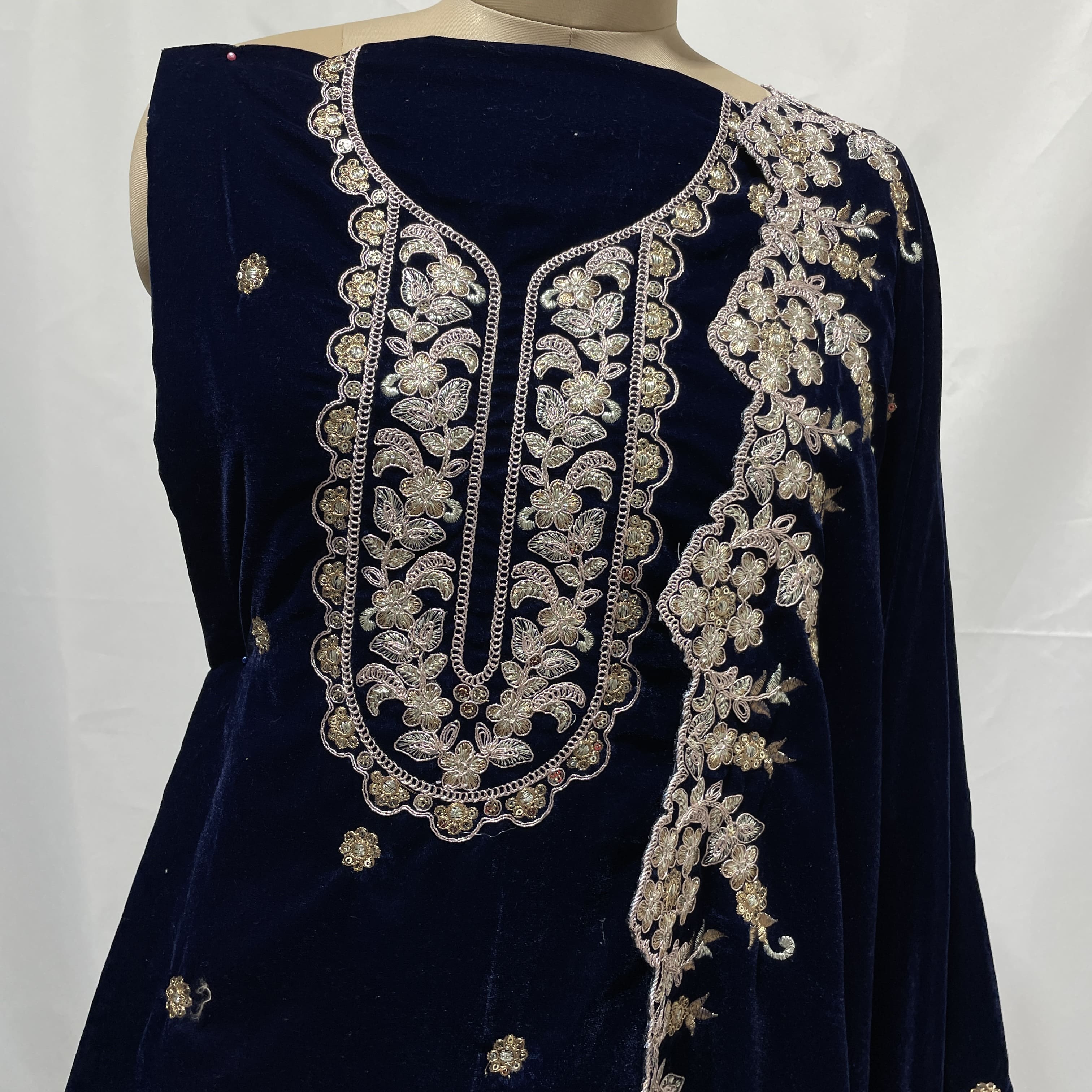 Premium Blue Zari Embroidery Velvet Suit Set With Dupatta - Image 2