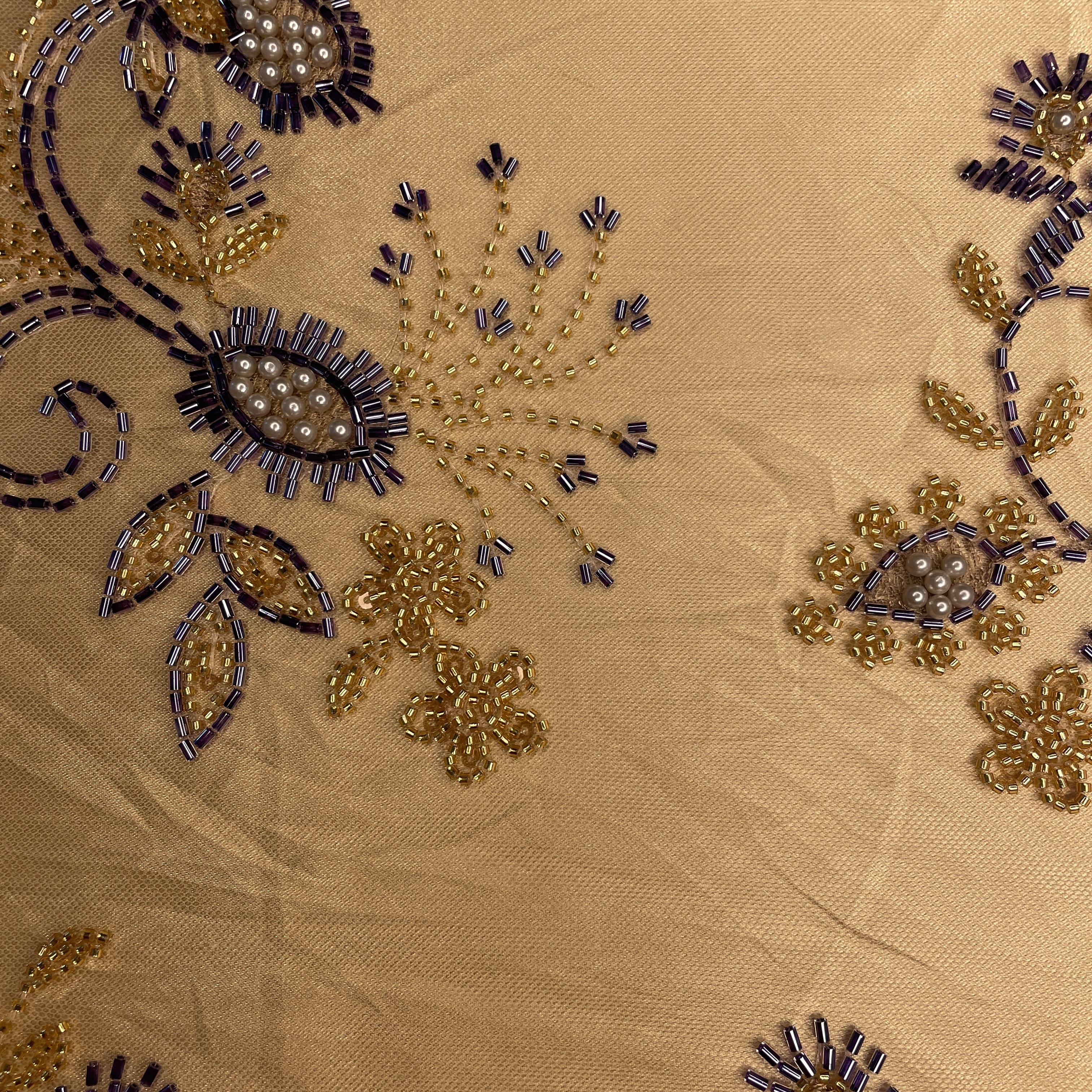 Premium Cream Floral Heavy Pearl Sequins CutDana Embroidery Net Fabric - Image 2