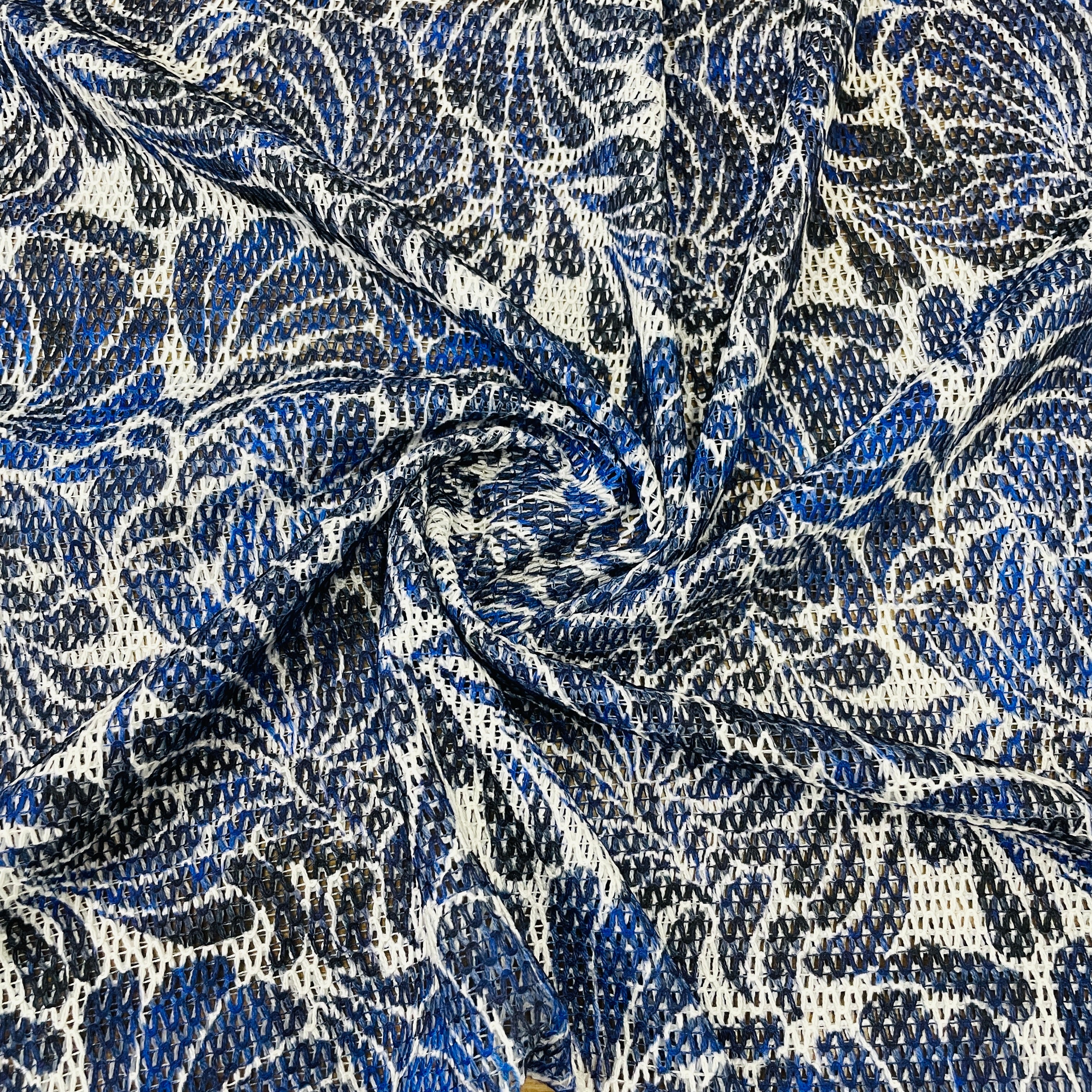 Premium Dark Blue Floral Print Cotton Crochet Fabric