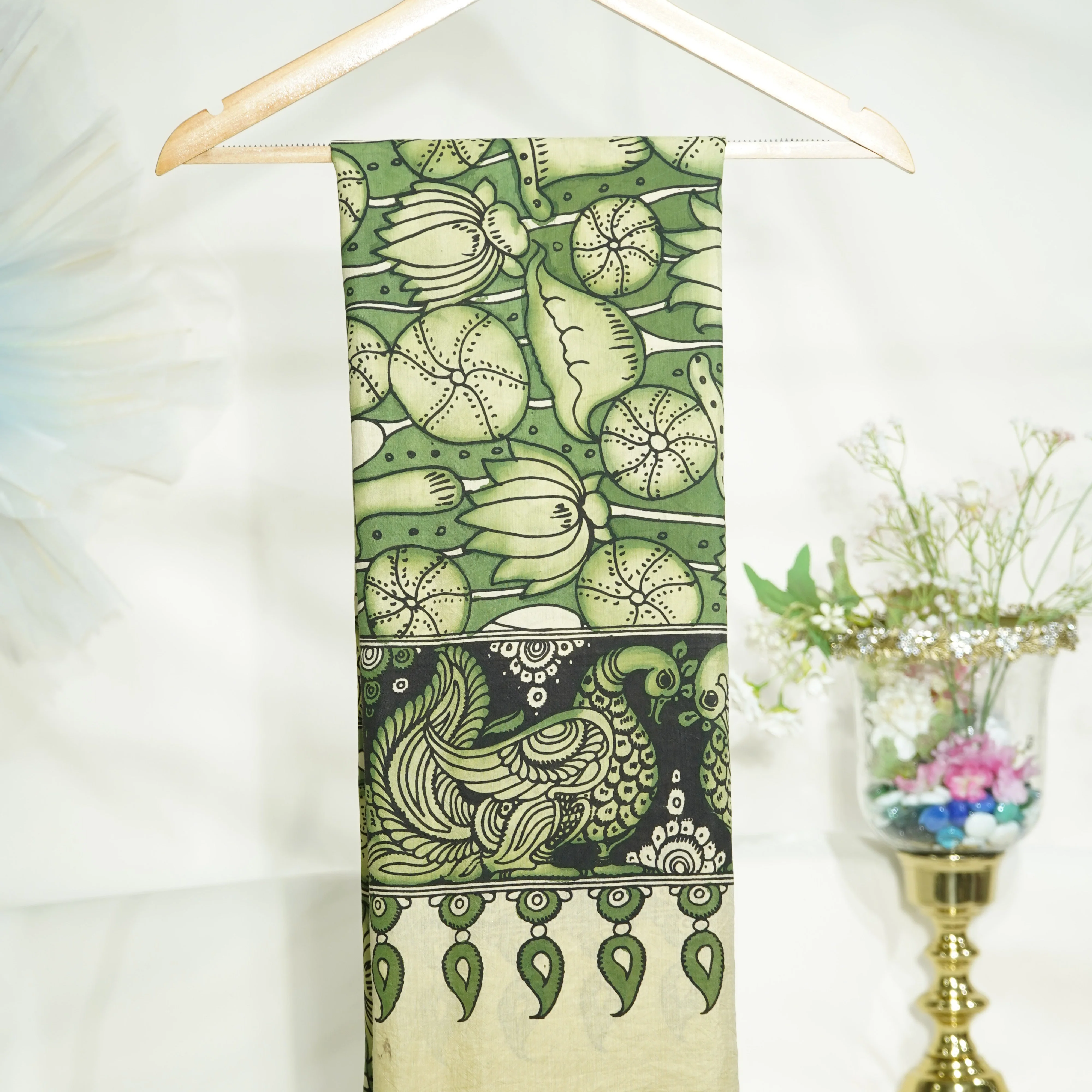 Premium Dark Green kalamkari Prints Pen Kalamkari Dupatta Fabric