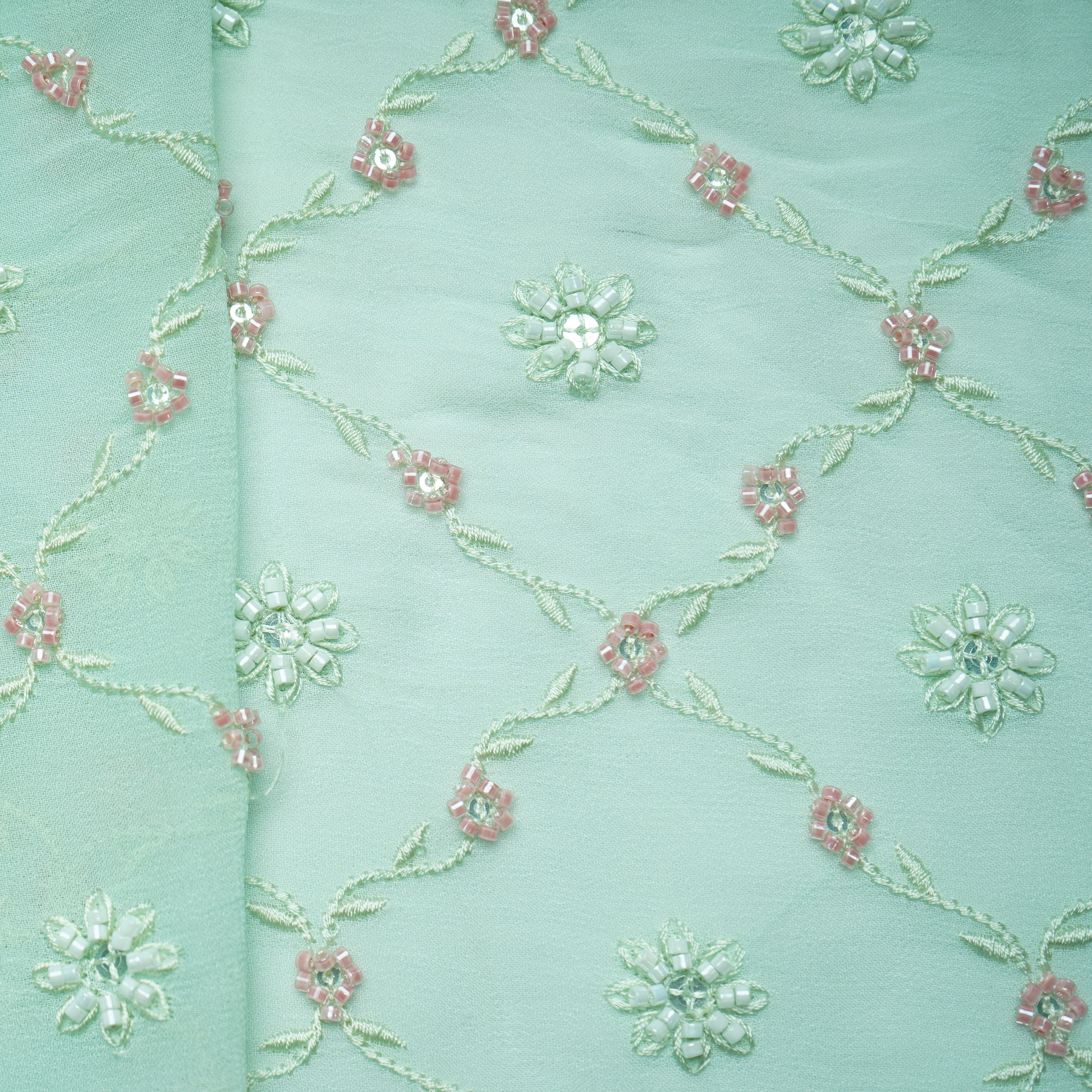 Premium Mint Green Floral CutDana Embroidery Georgette Fabric - Image 2