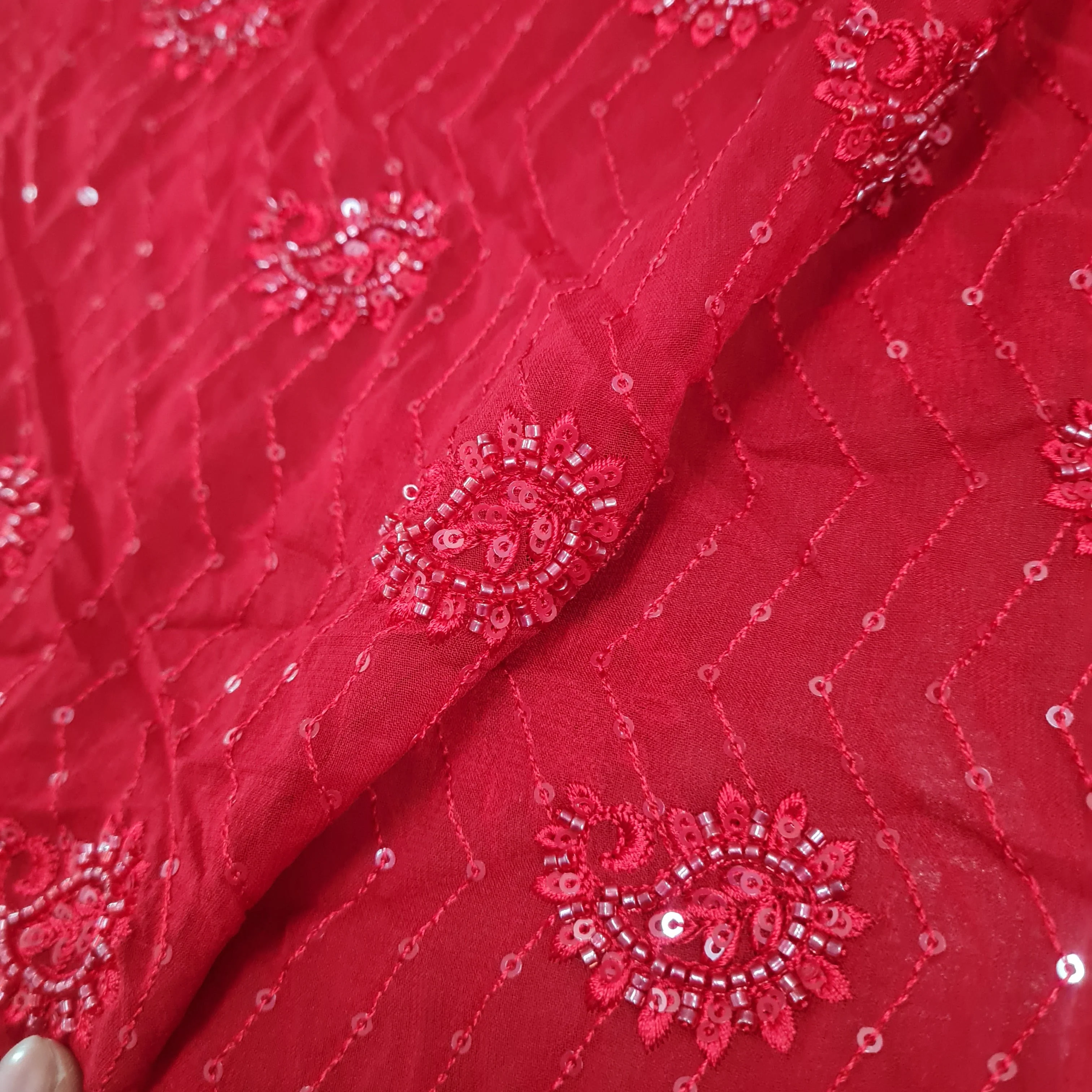 Premium Red Floral CutDana Embroidery Georgette Fabric - Image 2