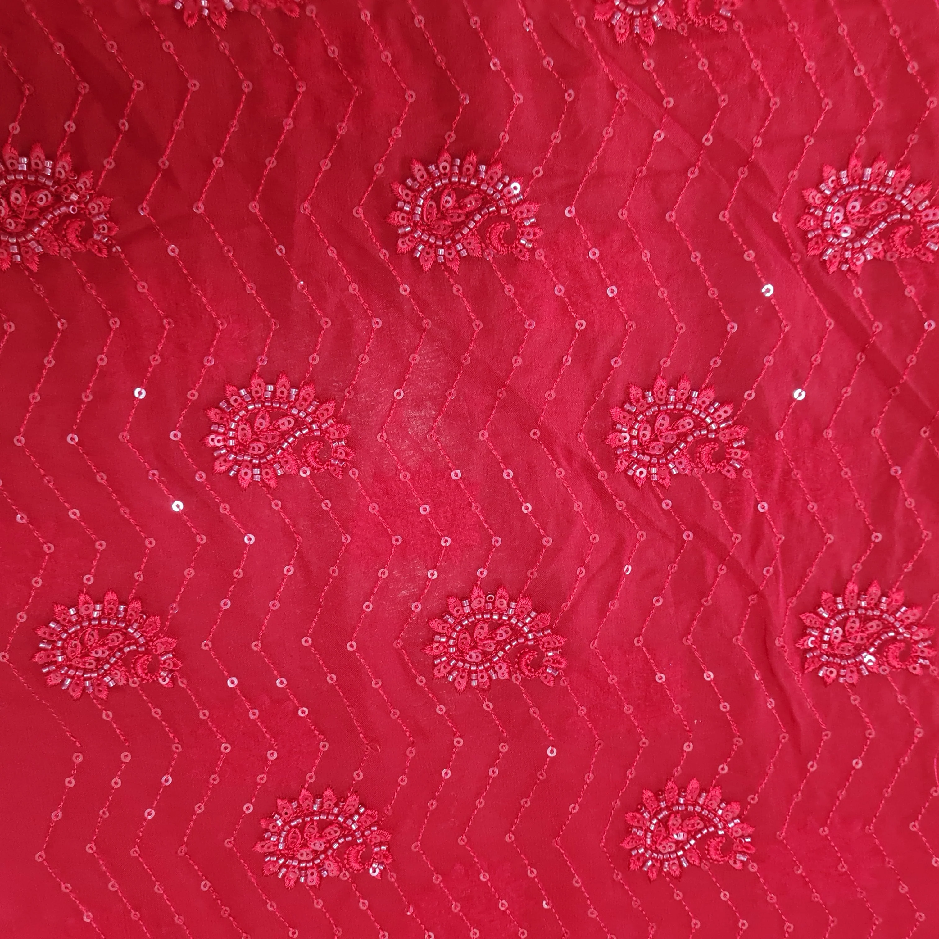 Premium Red Floral CutDana Embroidery Georgette Fabric - Image 3