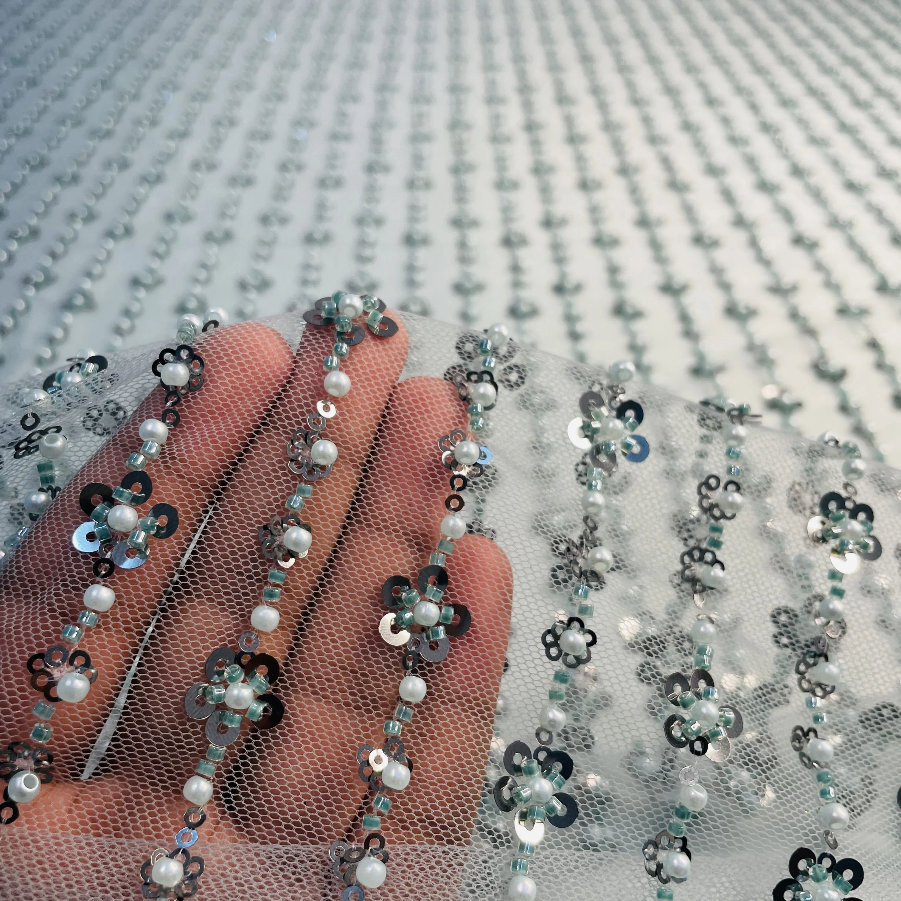 Premium Glacier Green Stripes Pearl Sequins CutDana Embroidery Net Fabric - Image 4