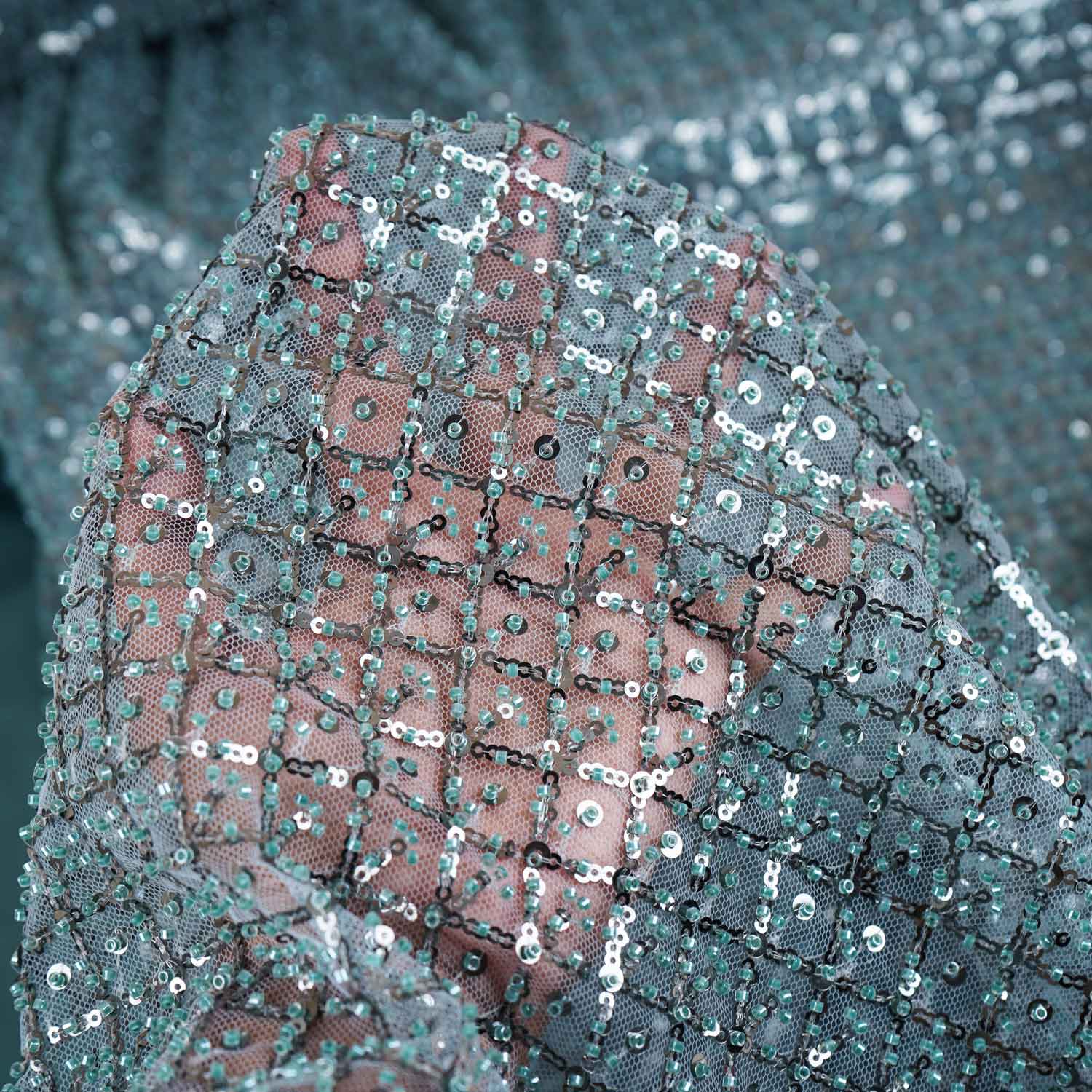 Premium Glacier Green Heavy Pearl Sequins CutDana Embroidery Net Fabric - Image 3