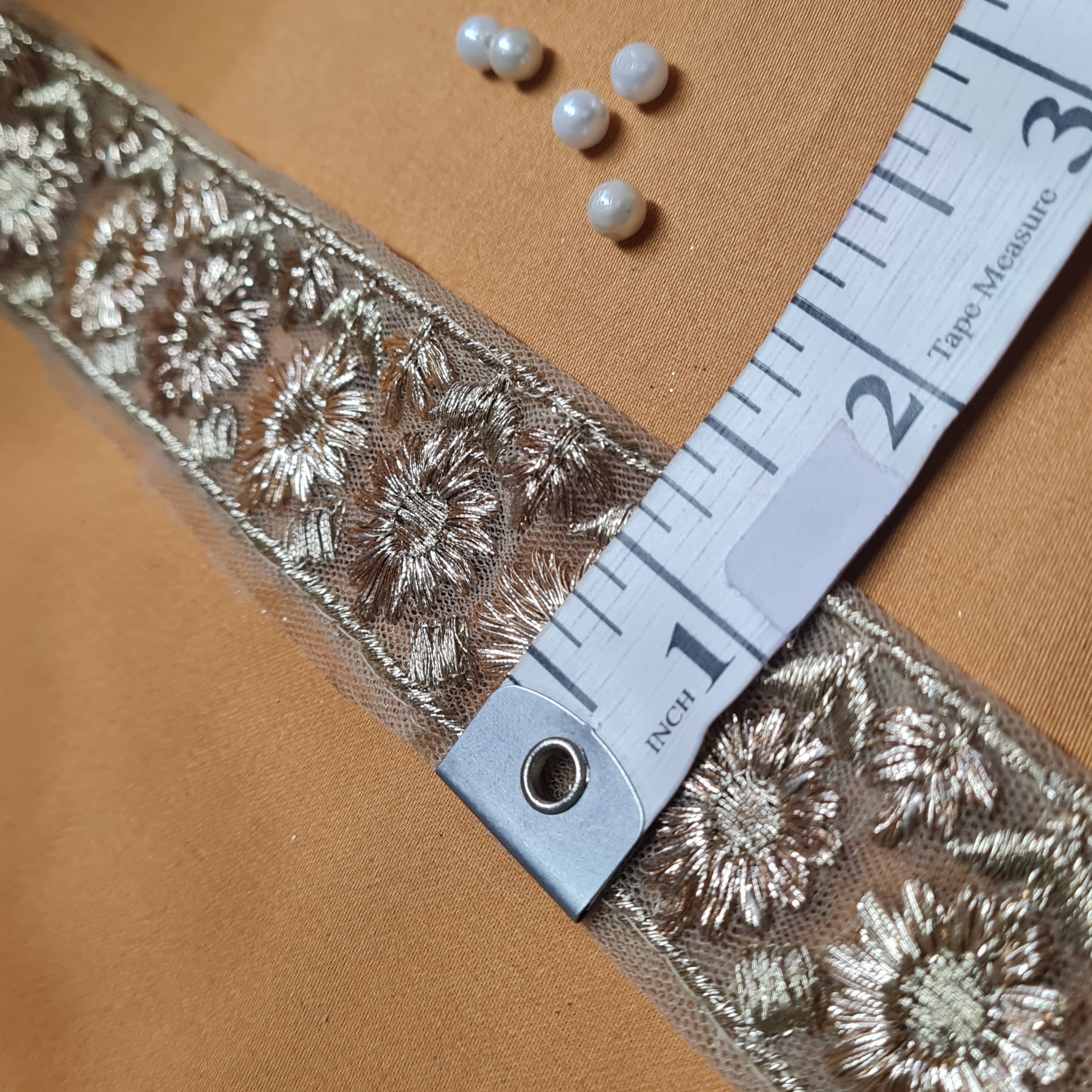 Premium Golden Floral Zari Buti Net Lace - Image 2