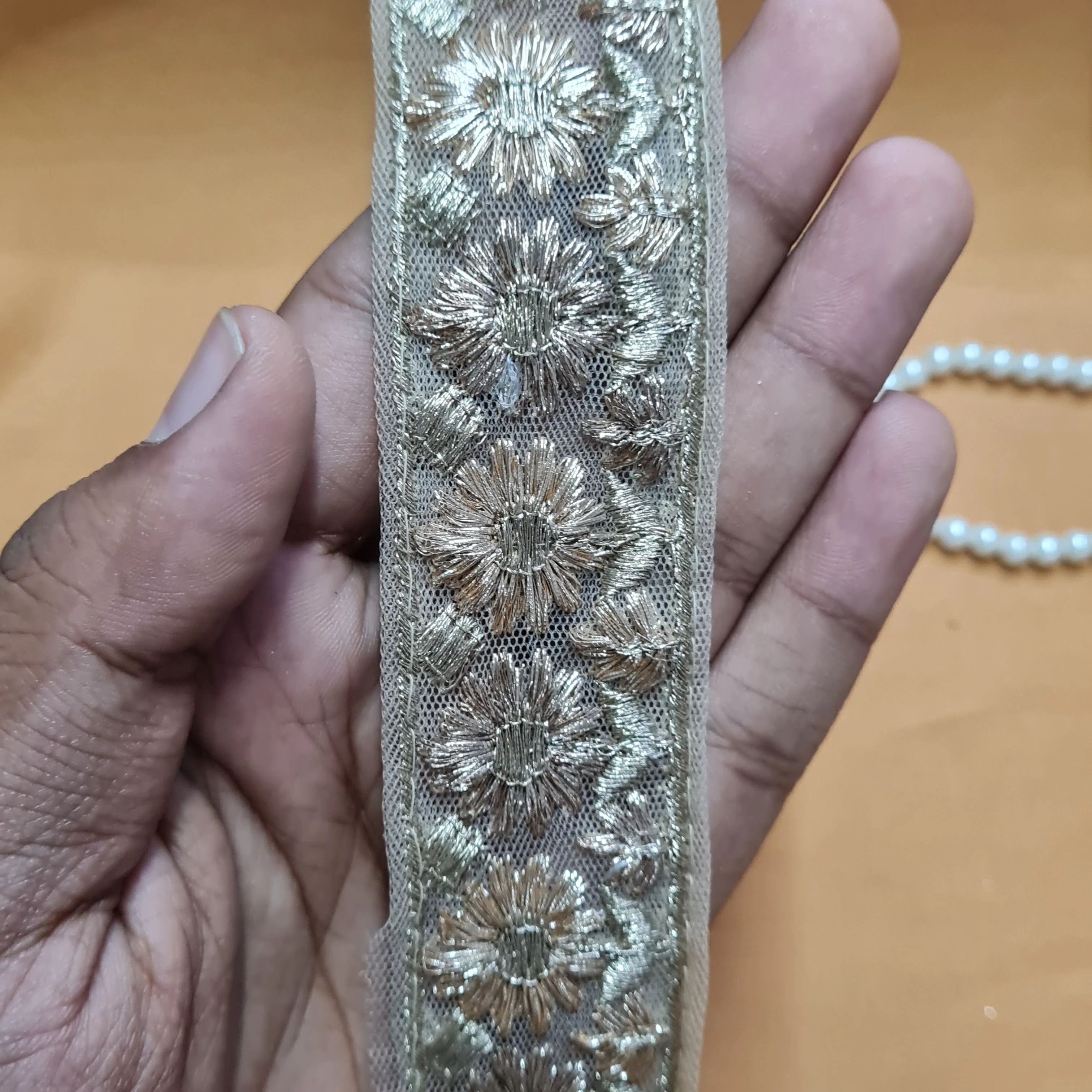 Premium Golden Floral Zari Buti Net Lace - Image 3