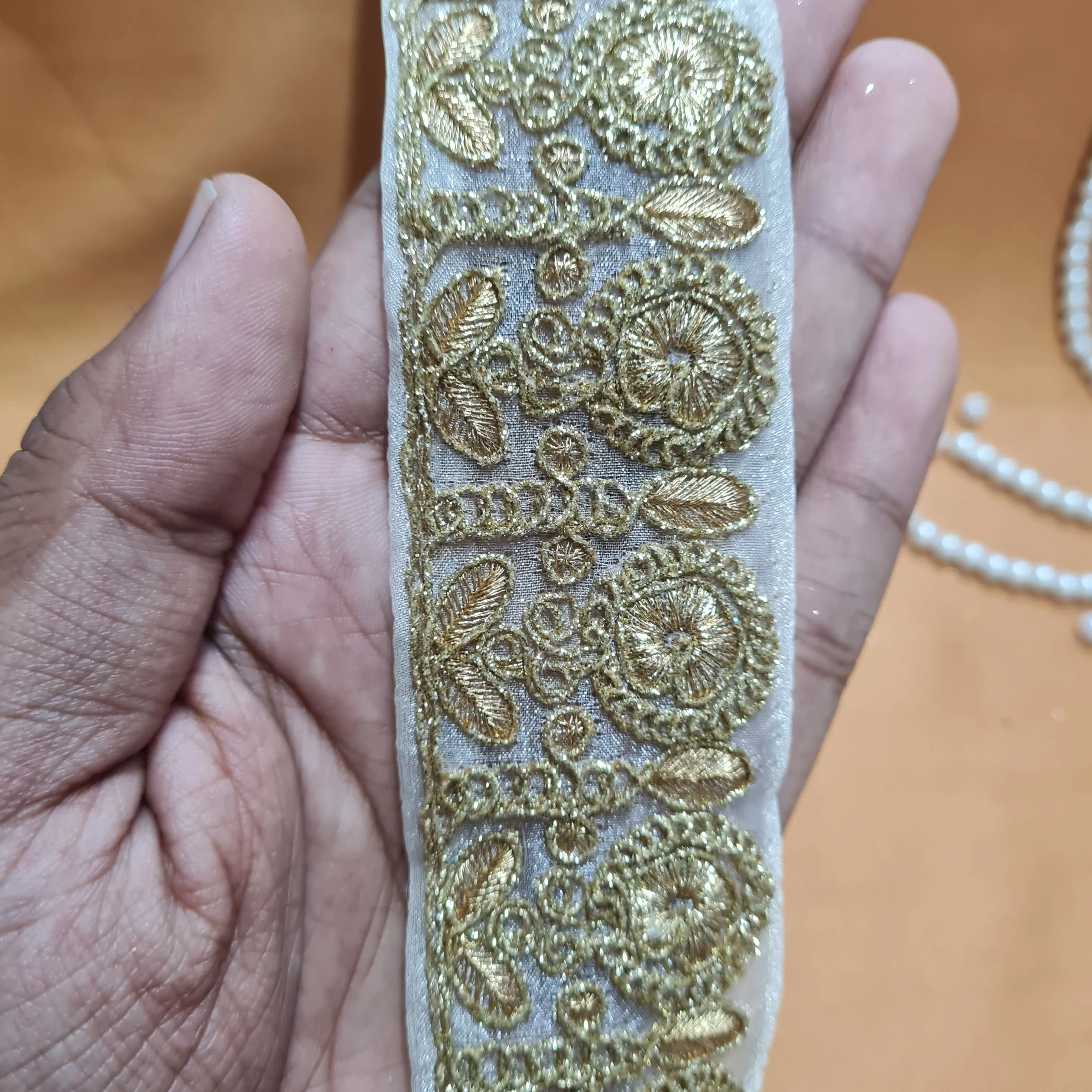 Premium Golden Zari Buti Organza Lace - Image 3