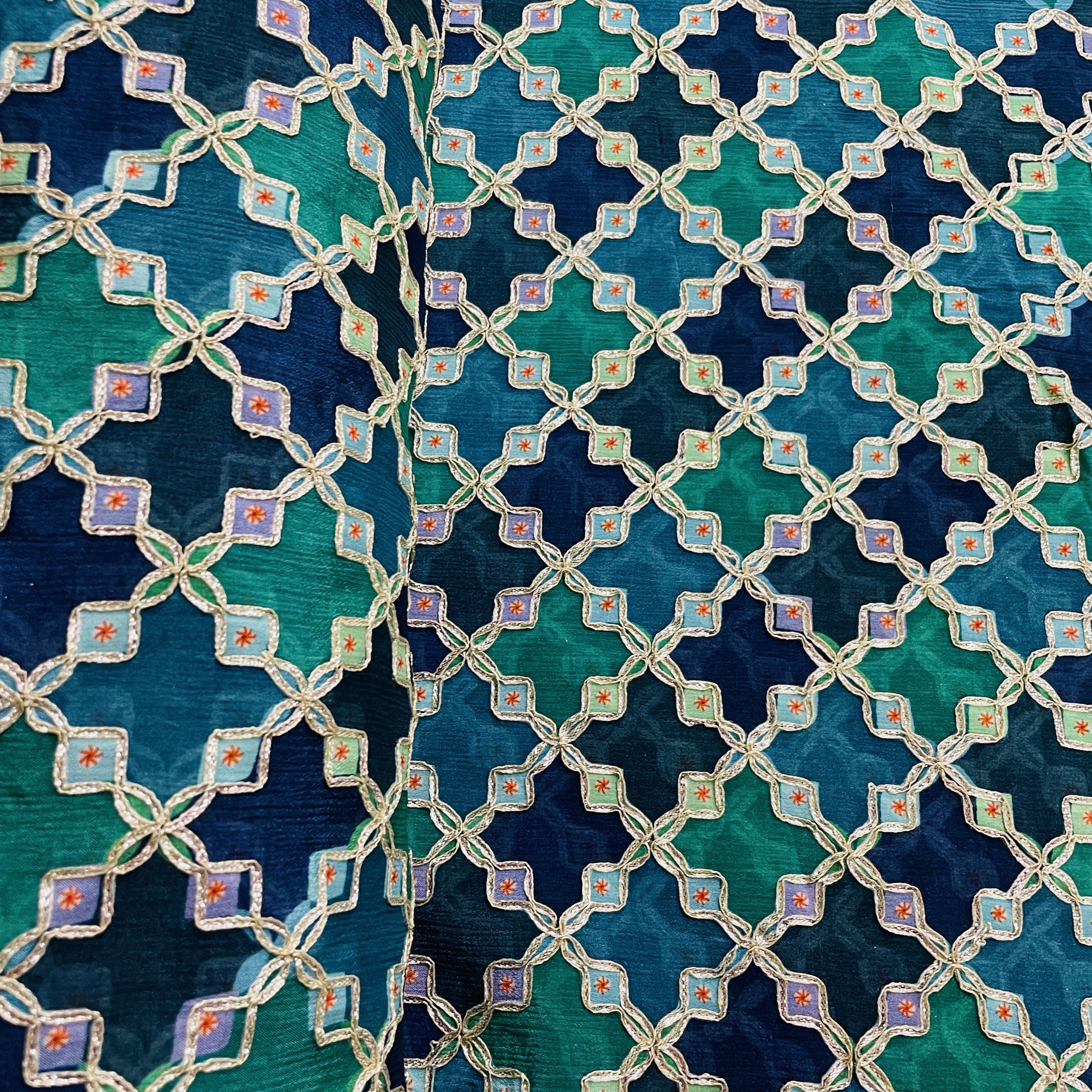 Premium Green Geometrical Gota Work Chinnon Fabric - Image 3