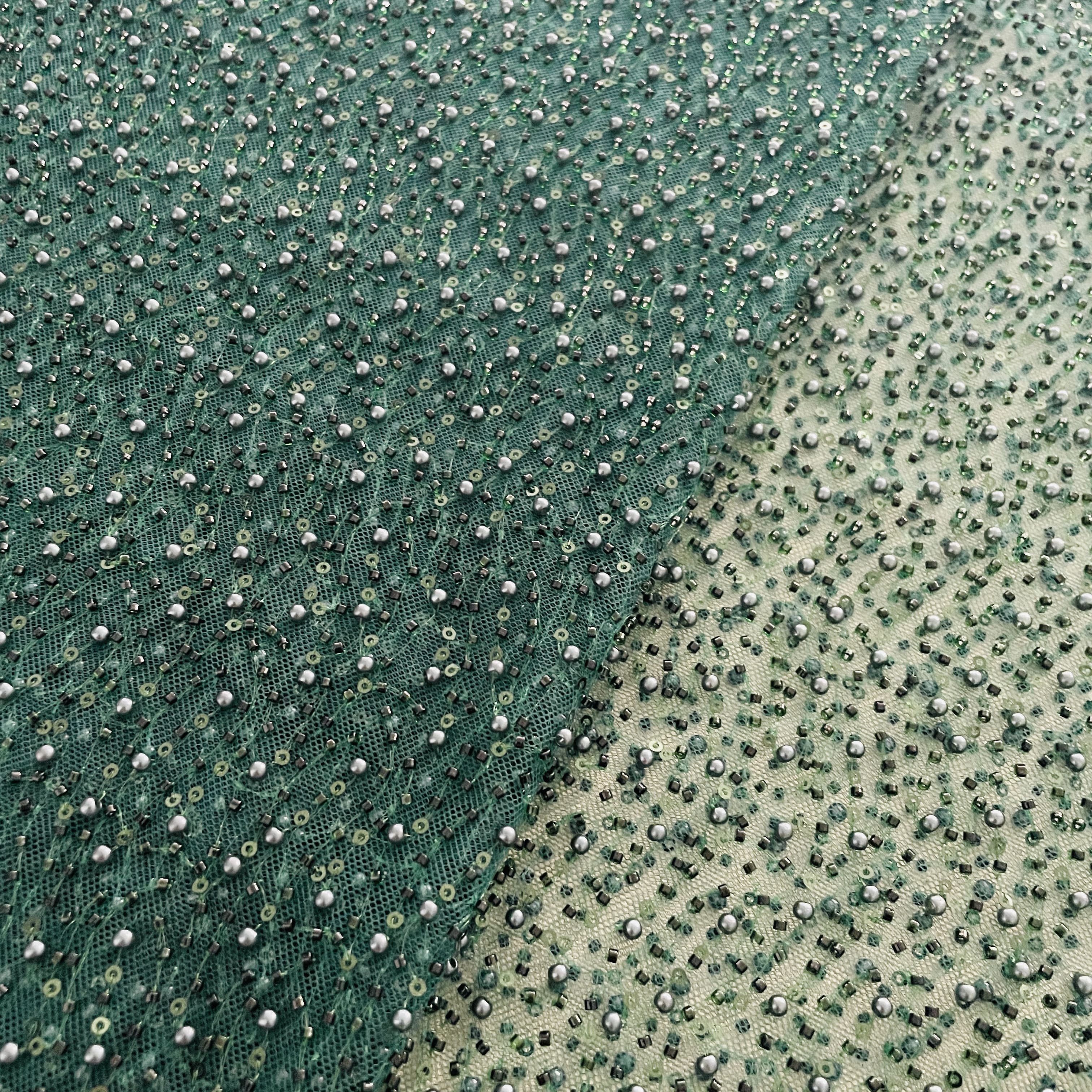Premium Green Heavy Pearl CutDana Embroidery Power Net Fabric - Image 2