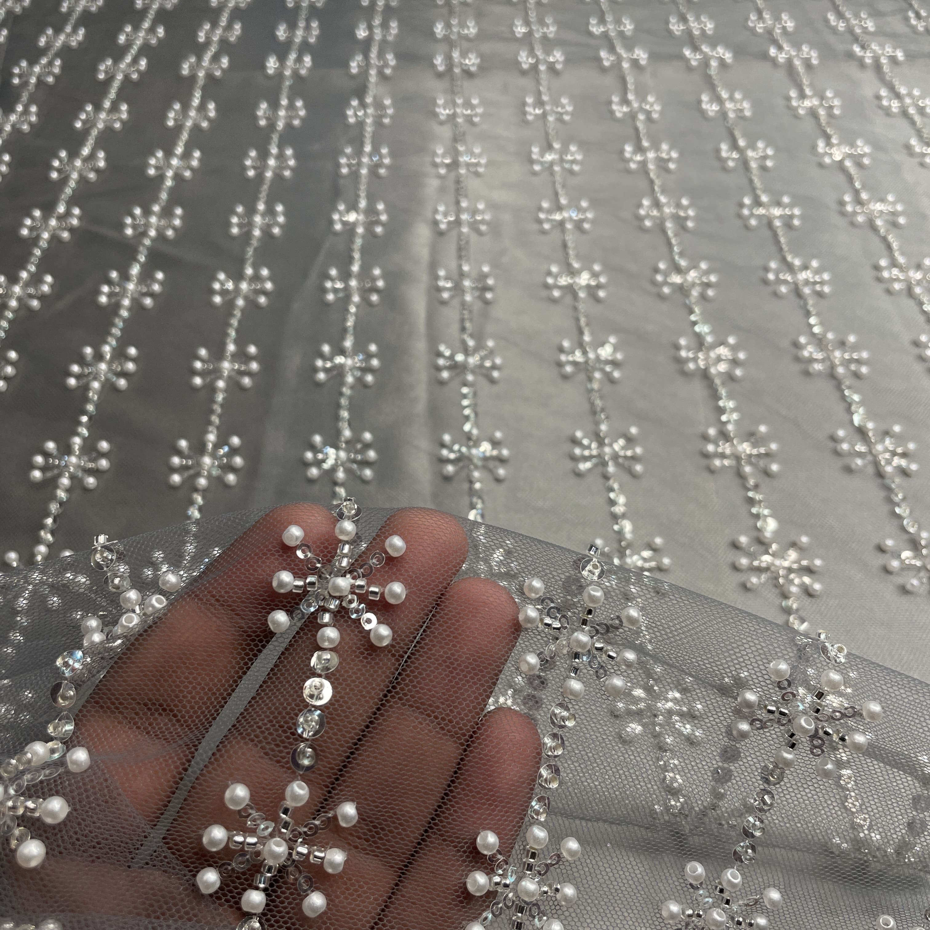 Premium Grey Pearl CutDana Embroidery Net Fabric - Image 3