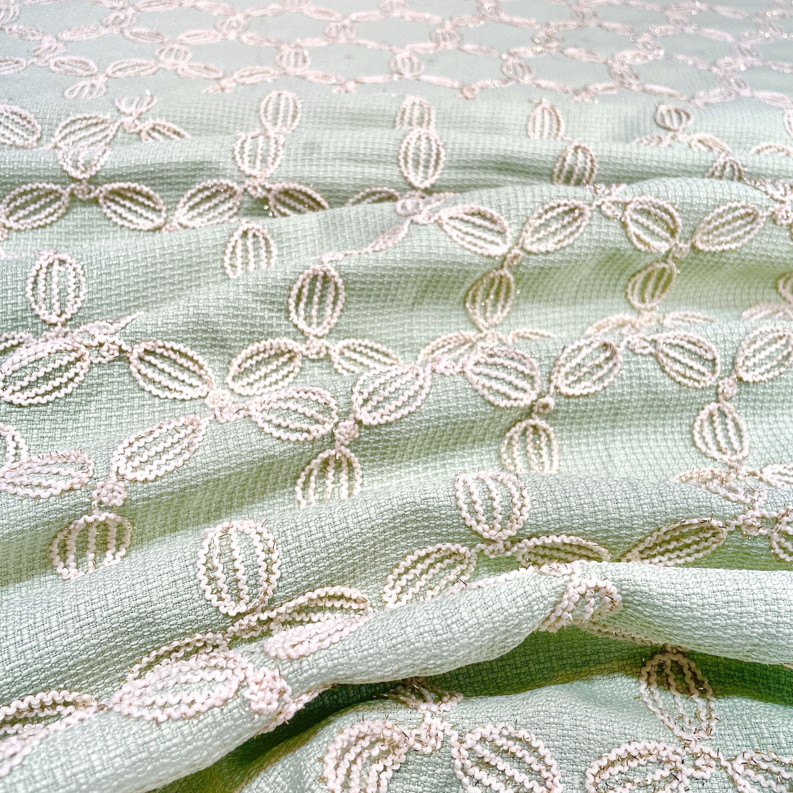 Premium Light Green Floral Handloom Tweed Fabric - Image 4