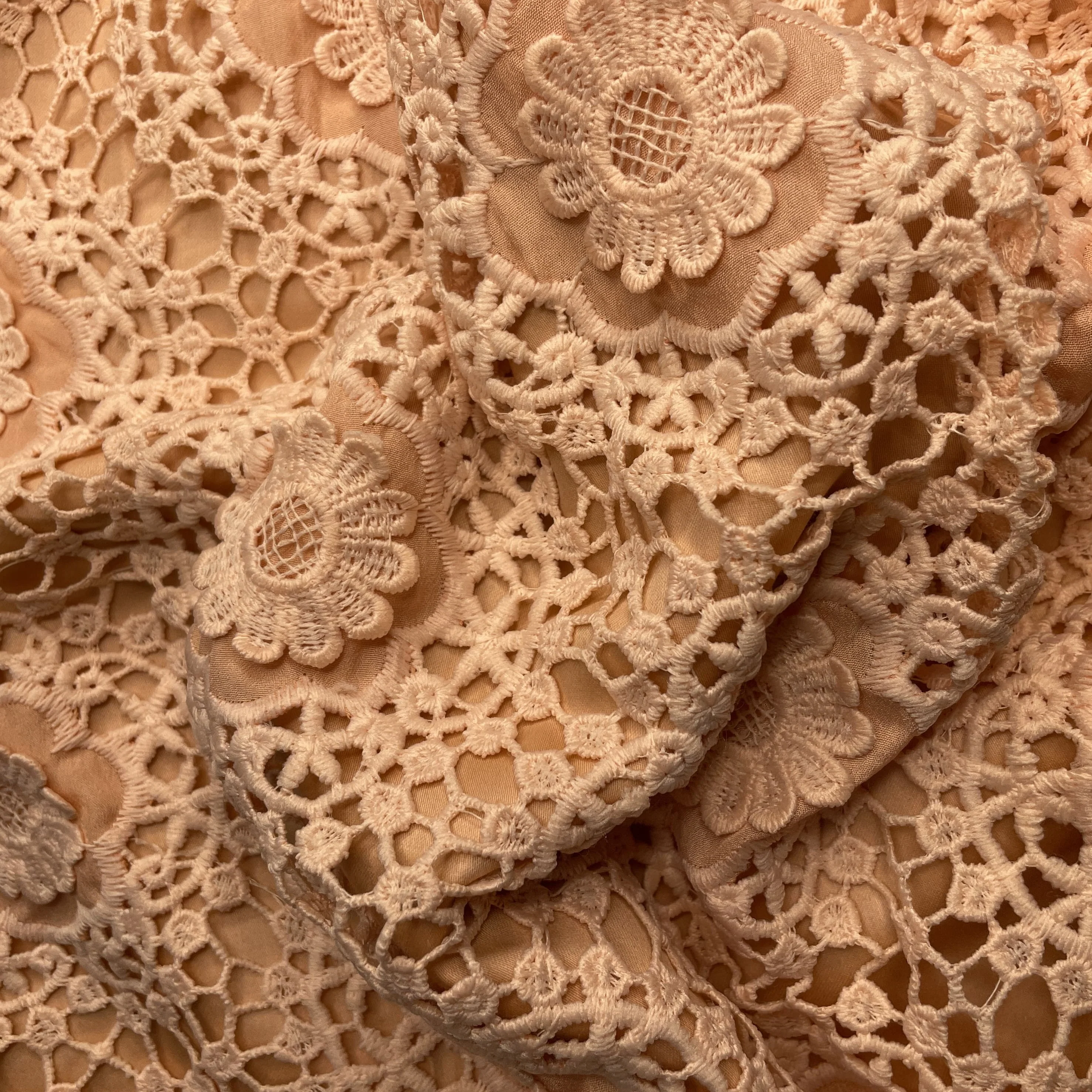 Premium Light Orange 3D Abstract Floral Embroidery Schiffli Crepe Fabric - Image 2