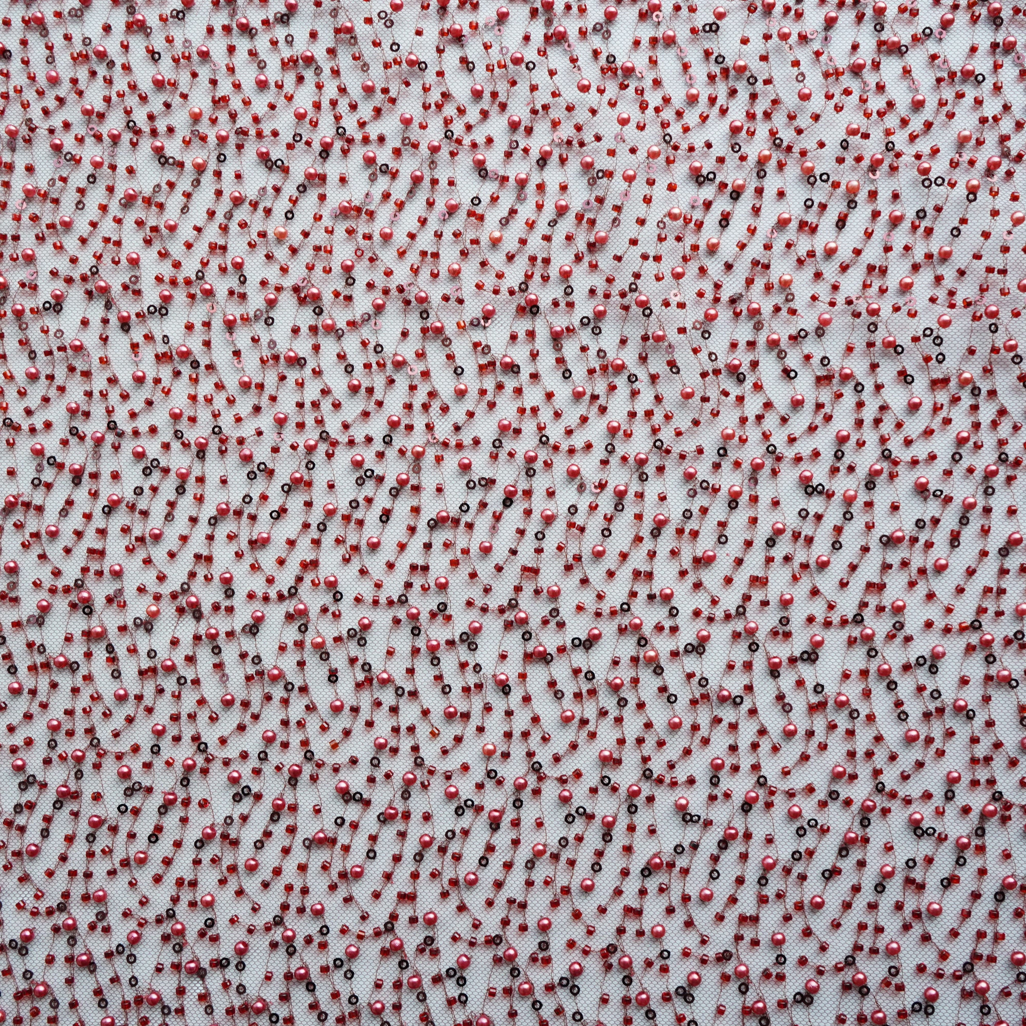 Premium Maroon Heavy Pearl CutDana Embroidery Power Net Fabric - Image 3