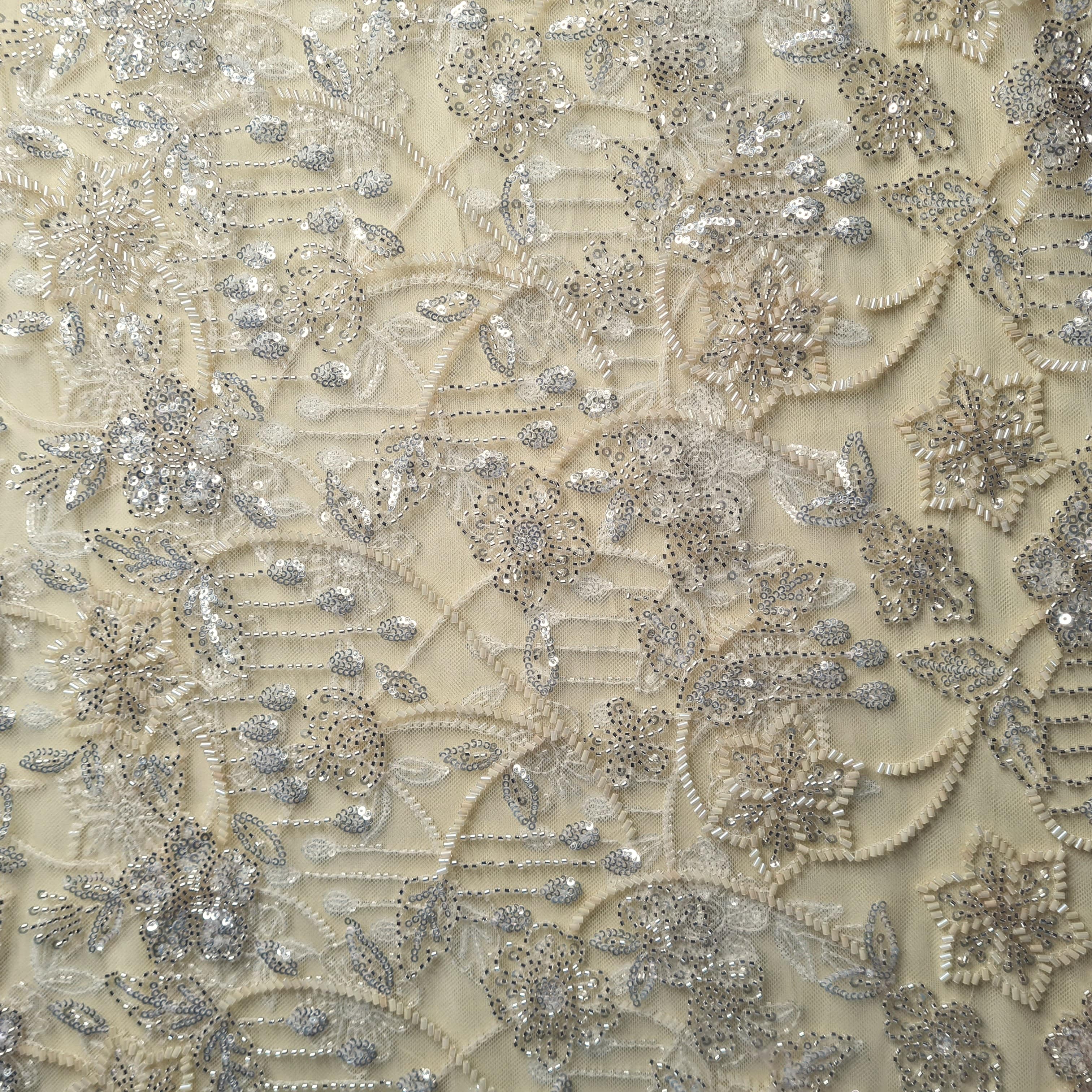 Premium Net Light Yellow Floral CutDana Sequins Embroidery Fabric - Image 3