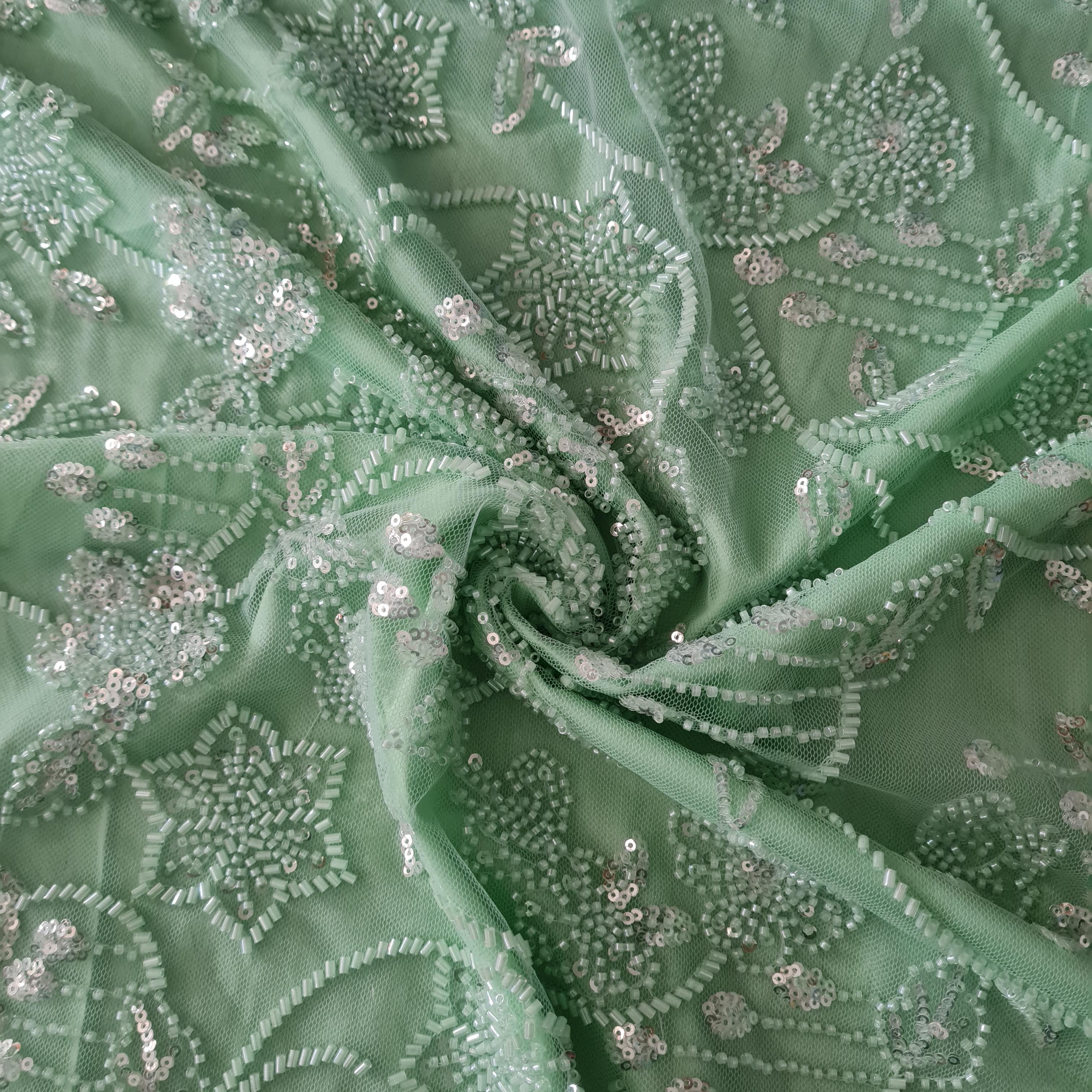 Premium Net Mint Green Floral CutDana Sequins Embroidery Fabric