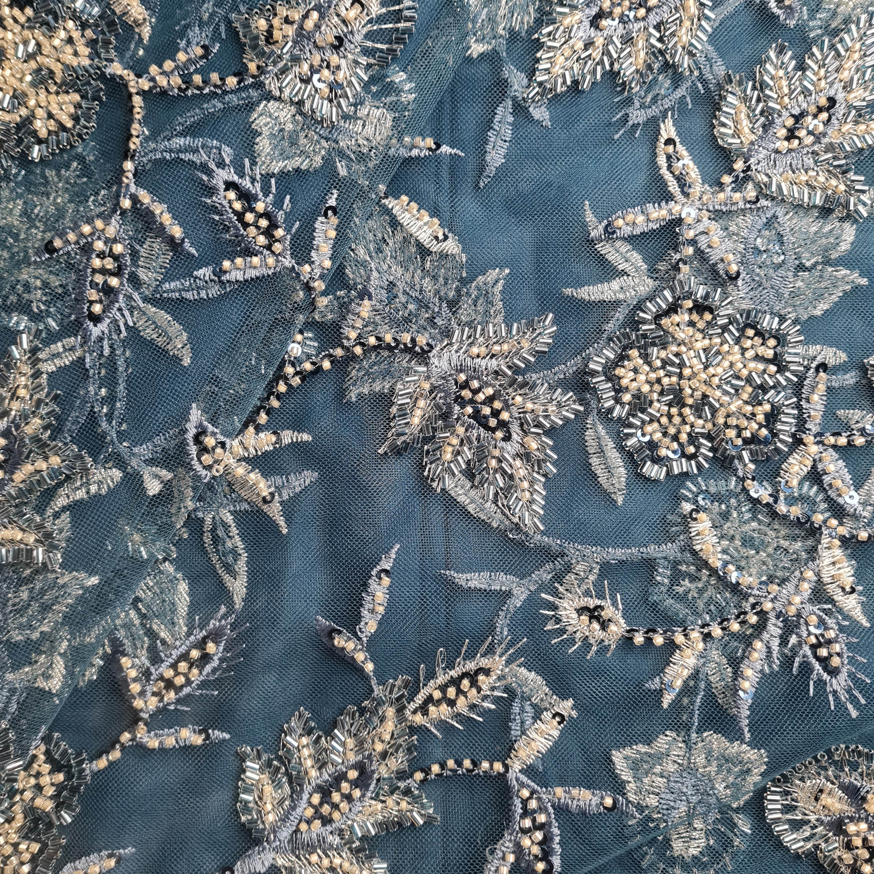 Premium Net Teal Blue Floral CutDana Embroidery Fabric - Image 2