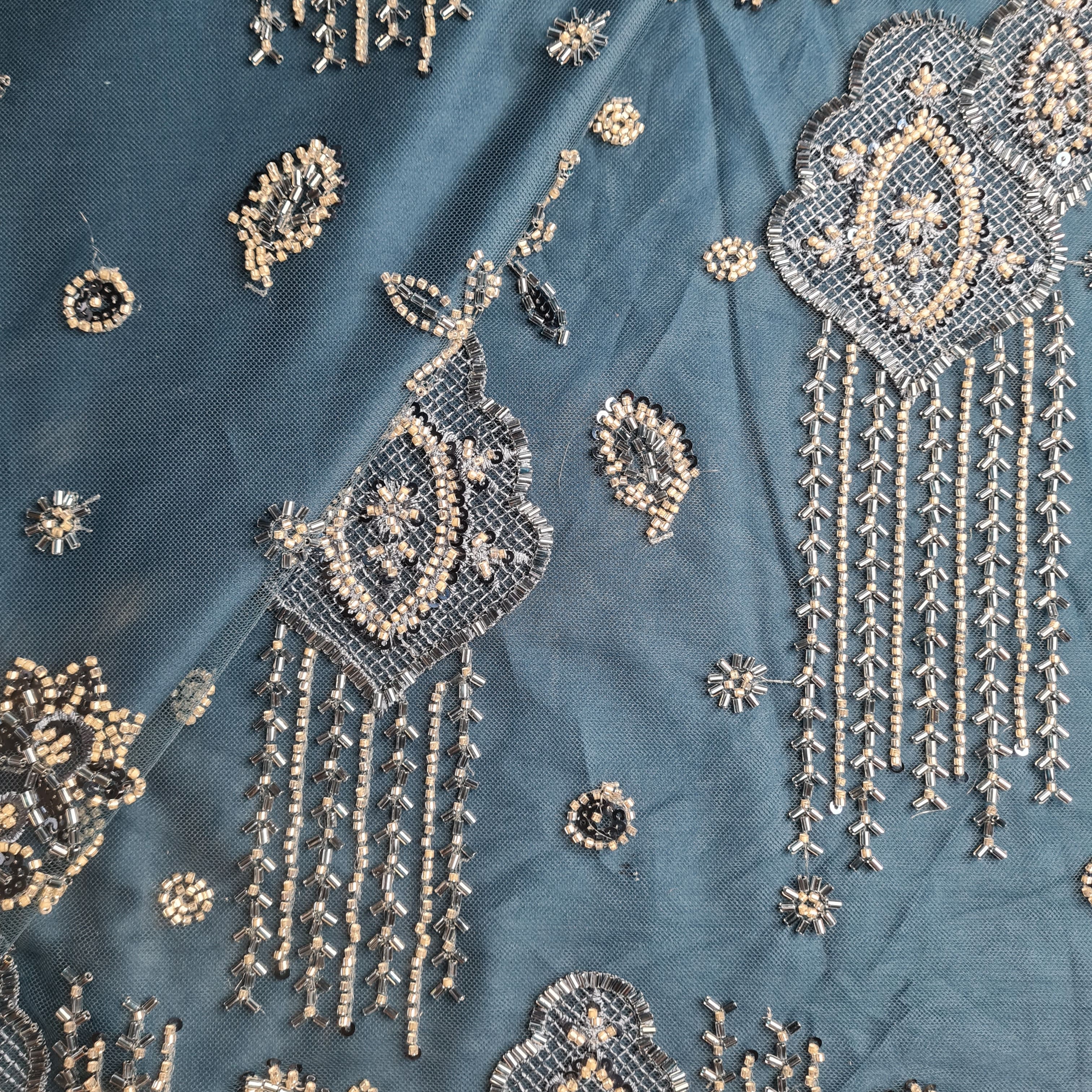 Premium Net Teal Blue Traditional CutDana Thread Embroidery Fabric - Image 2