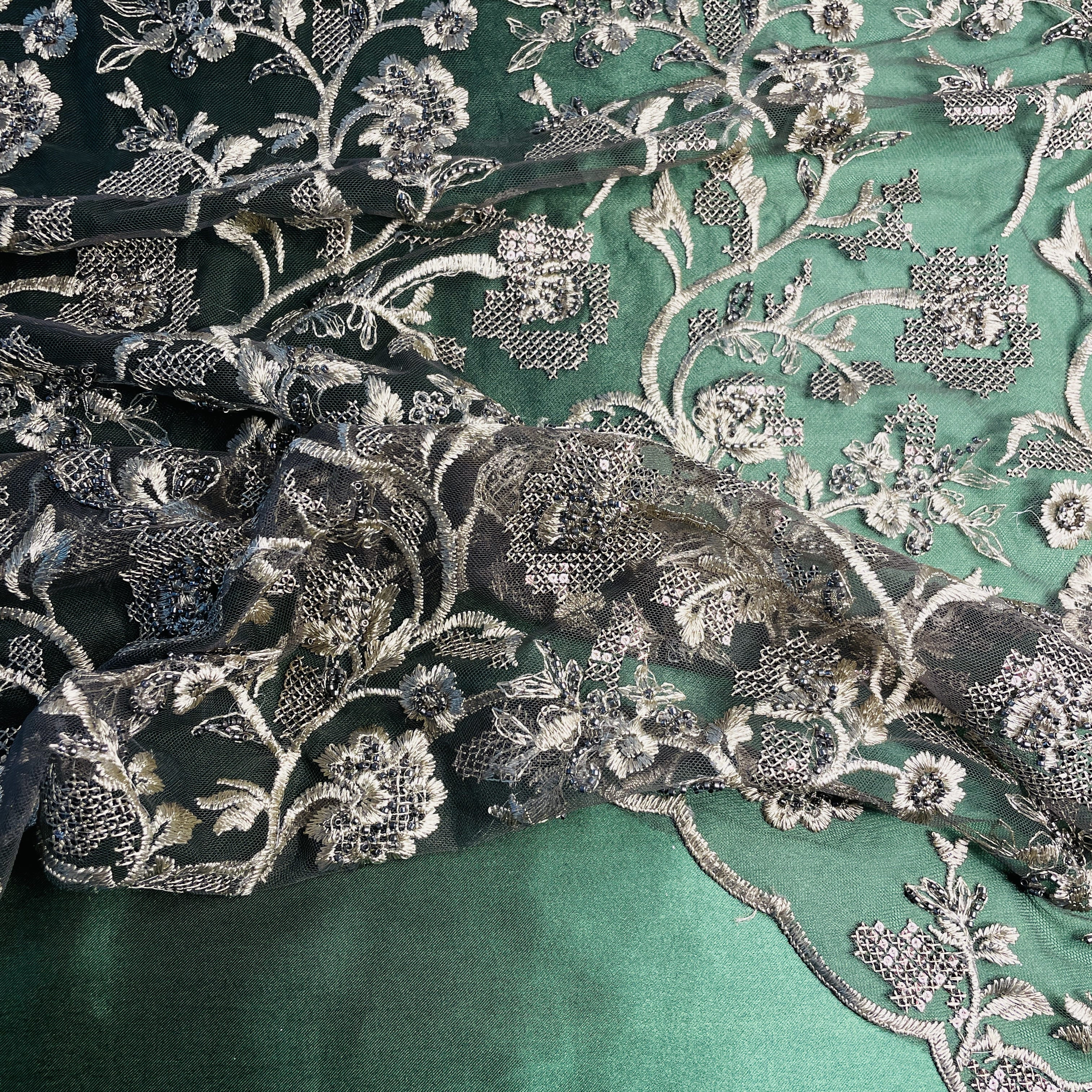 Premium Olive Green Heavy Thread Sequins Embroidery Net Fabric - Image 2