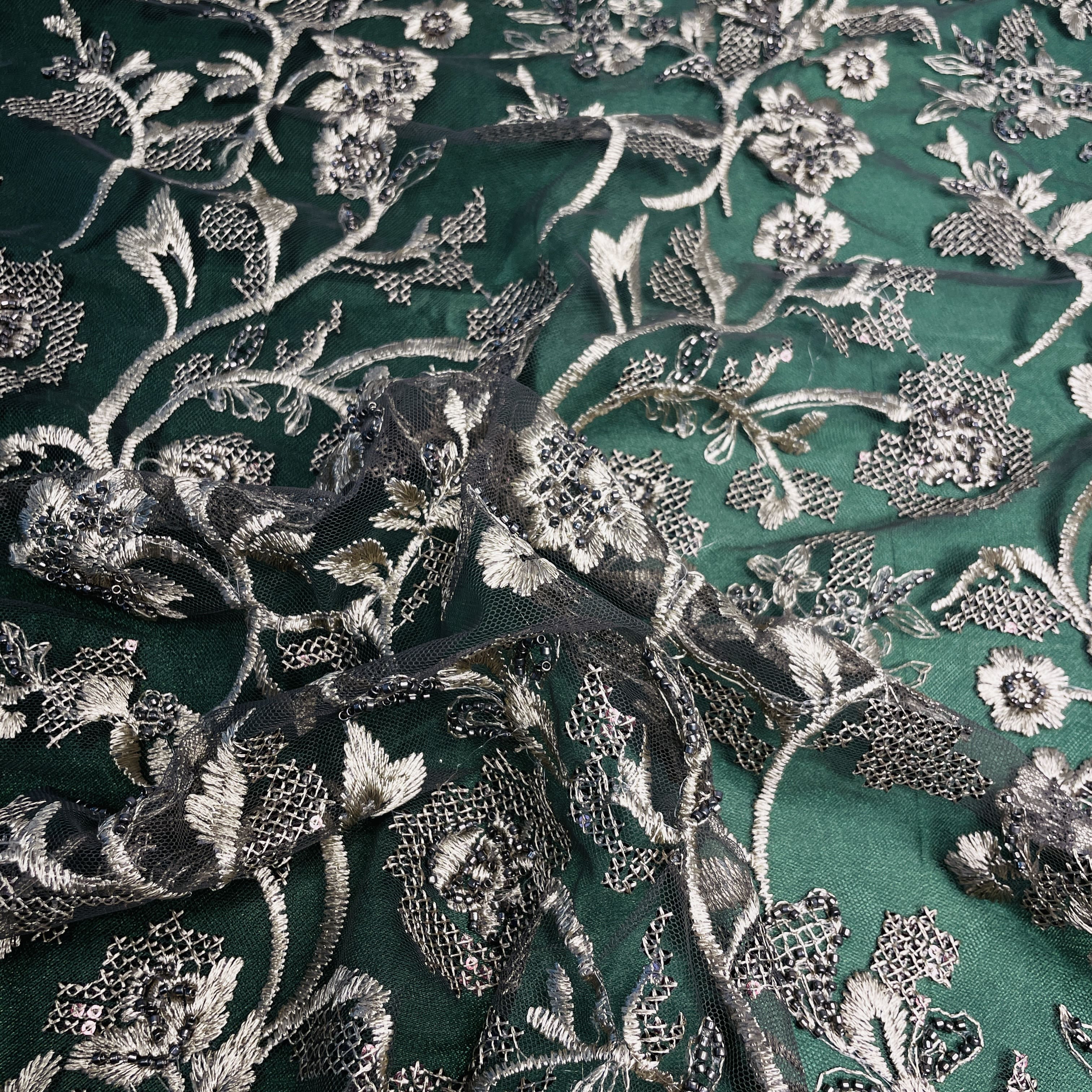 Premium Olive Green Heavy Thread Sequins Embroidery Net Fabric - Image 4
